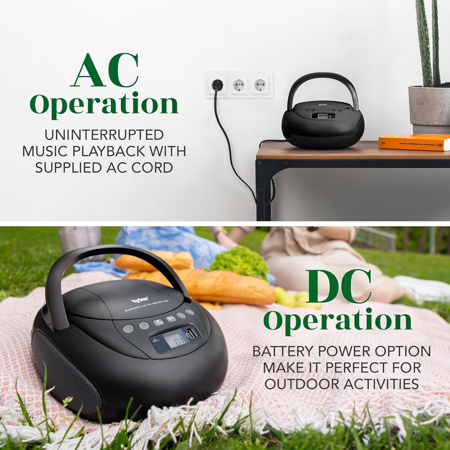 Tyler Portable CD Player Boombox with FM Radio, Bluetooth, and USB Port | Clear Stereo Sound | CD-R/RW and MP3 CDs Compatible | 3.5mm Aux Input and Headphone Jack | TAU107 - Black - Image 8