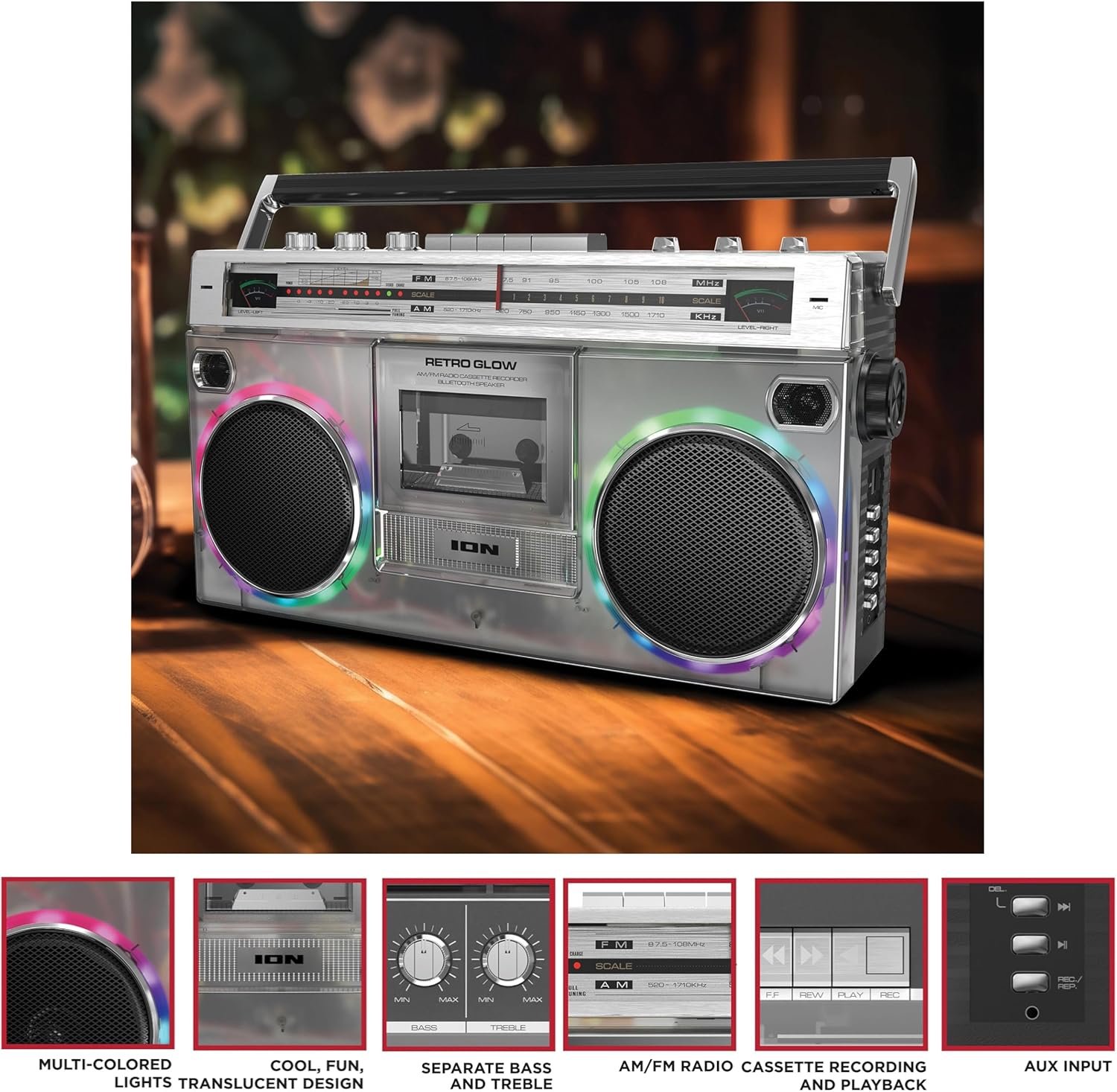 ION Audio Retro Glow Boombox - Deluxe Stereo AM/FM Radio Cassette Dual Speakers Full-Range Bass and Bluetooth (Renewed) - Image 3