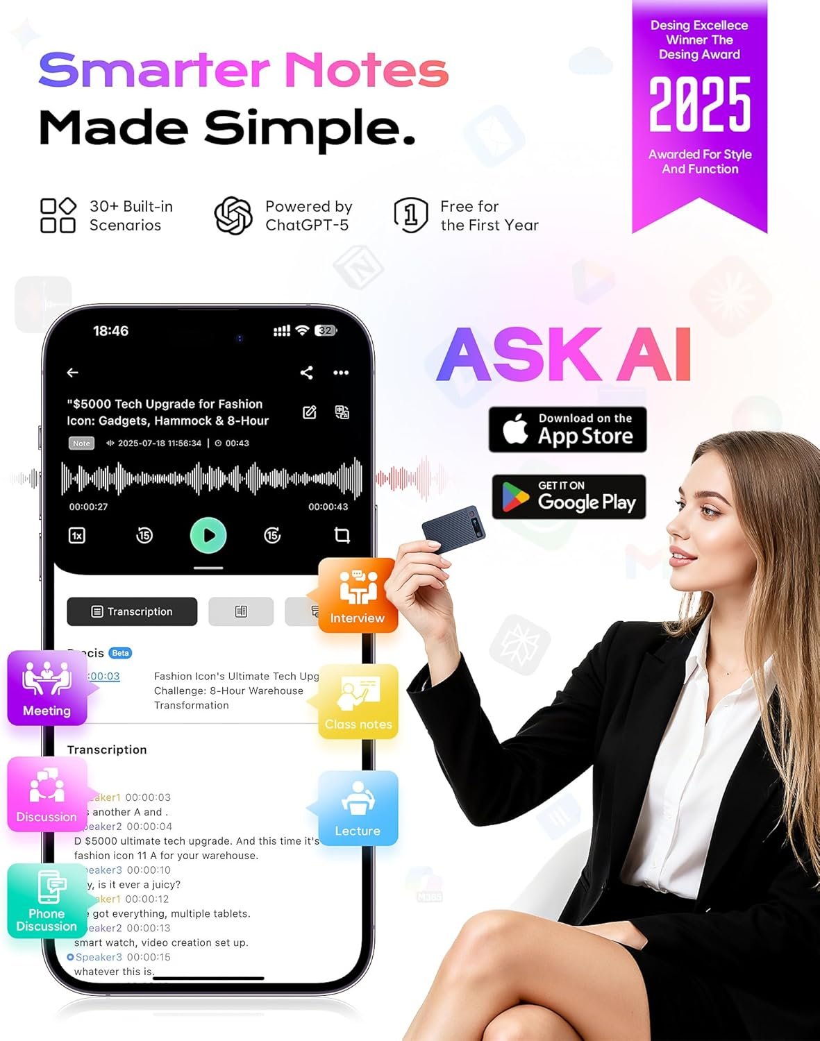 AI Voice Recorder, 64GB Note Taking Device w/Magnetic Case, App Control, AI Technology Transcribe & Summarize Free, 121 Languages, 45H Battery, Audio Recorder for Lectures Meetings Calls - Image 3