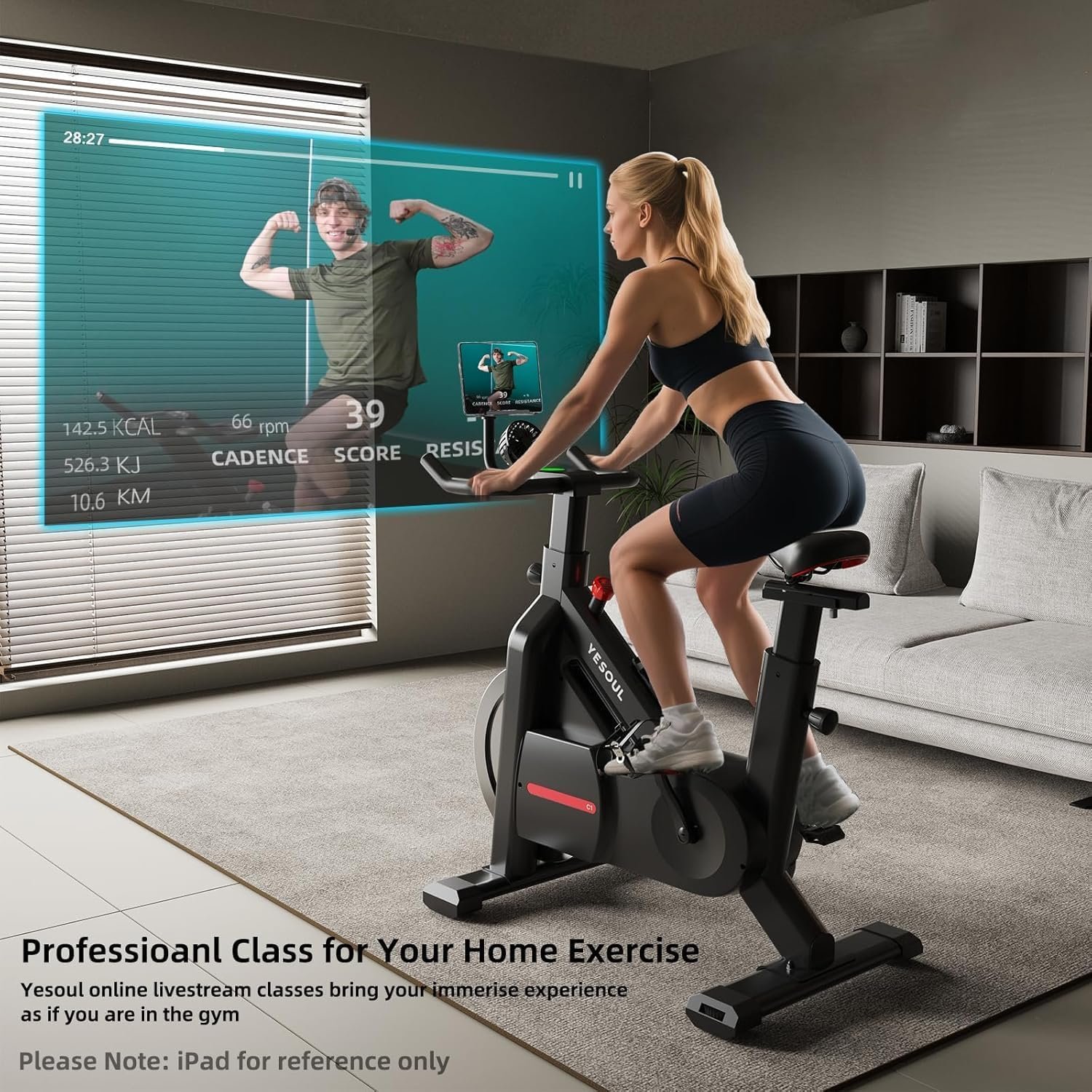 Yesoul Black Exercise Bike for Home, Low Noise Indoor Cycling Bike for Home Gym Electric Stationary Bike with Tablet Mount & Comfortable Seat Cushion for Women Apartment Workout Bike for Fitness - Image 6