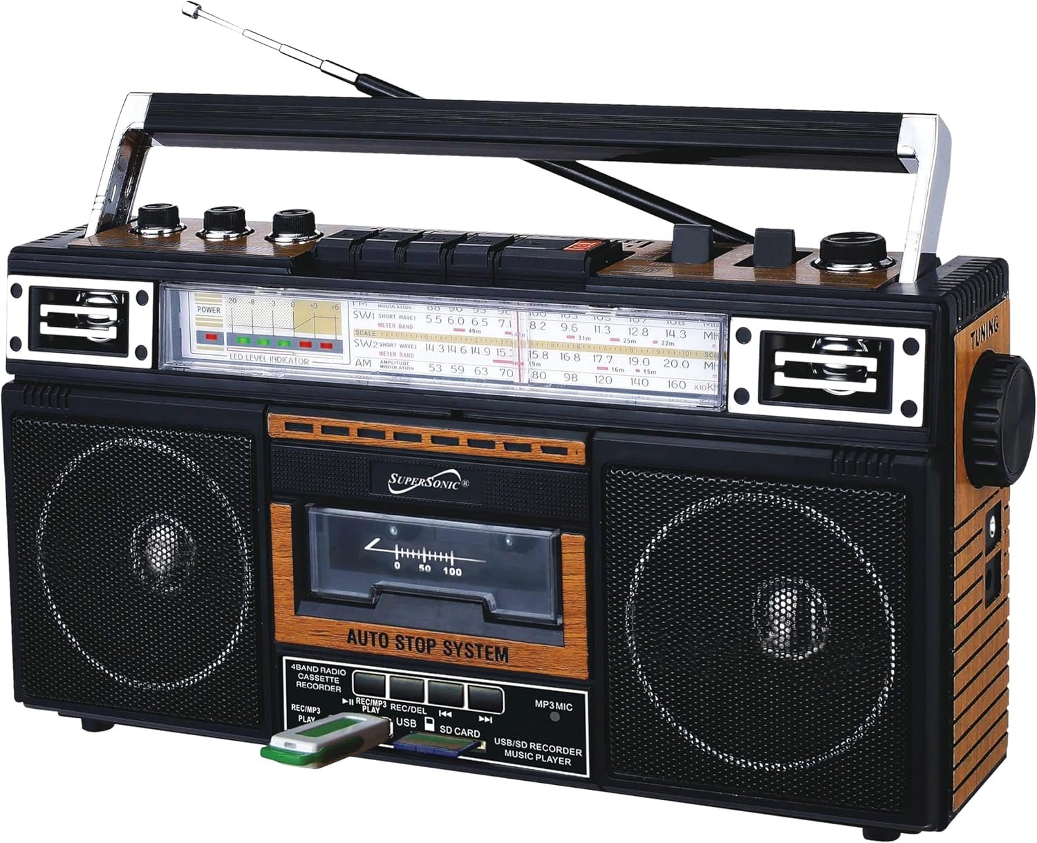 Supersonic SC-3201BT 4 Band Radio & Cassette Player Boombox, Bluetooth Speaker, AM/FM/SW Radio with MP3 Playback, USB & SD Card, 3 Band EQ and Earphone Jack