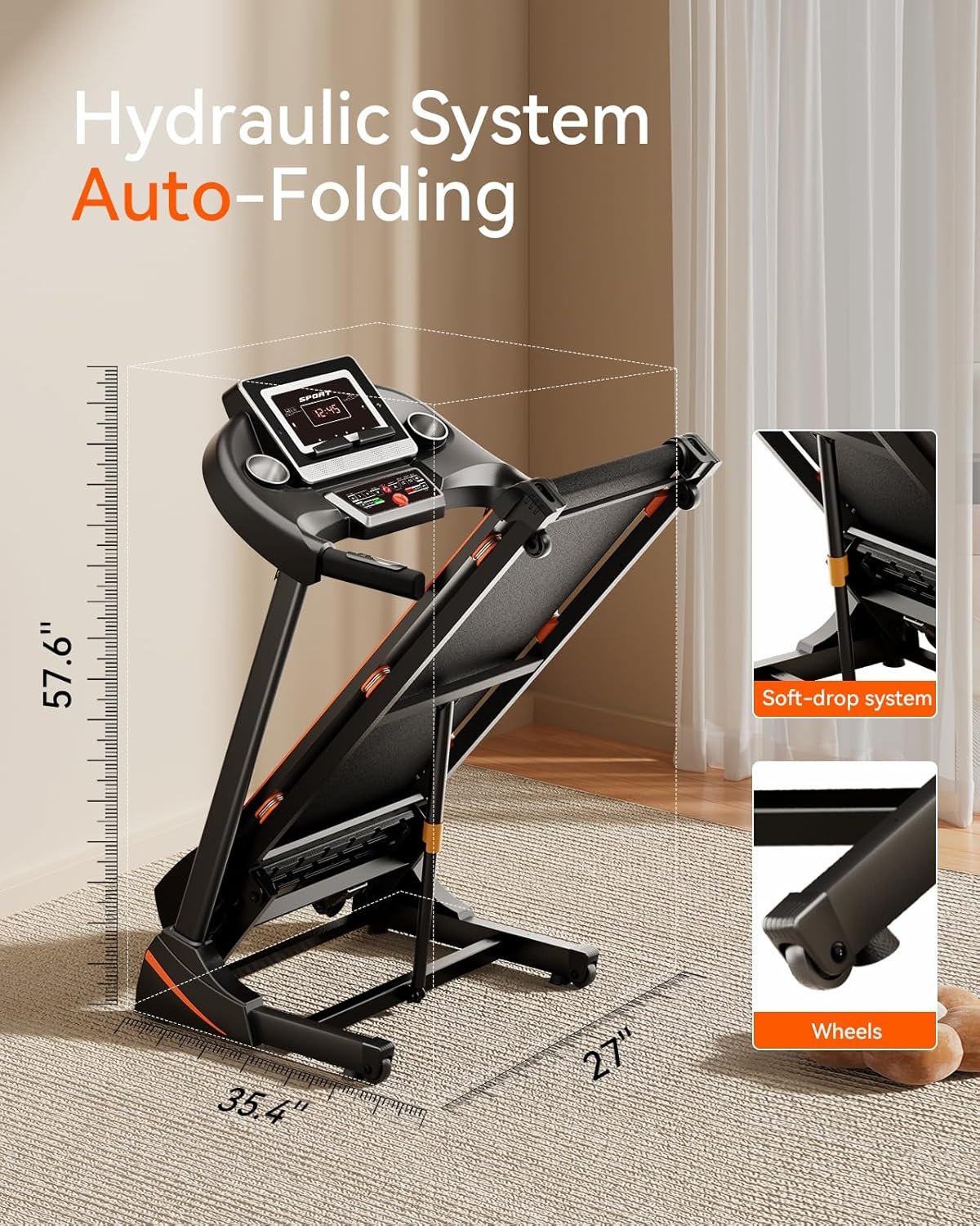 RENESTAR Treadmills for Home, Treadmill with 0-15% Auto Incline, 3HP Folding Treadmills for Running Walking with 300LBS Weight Capacity, Incline Treadmill Equipped with Bluetooth & Pulse Monitor - Image 6