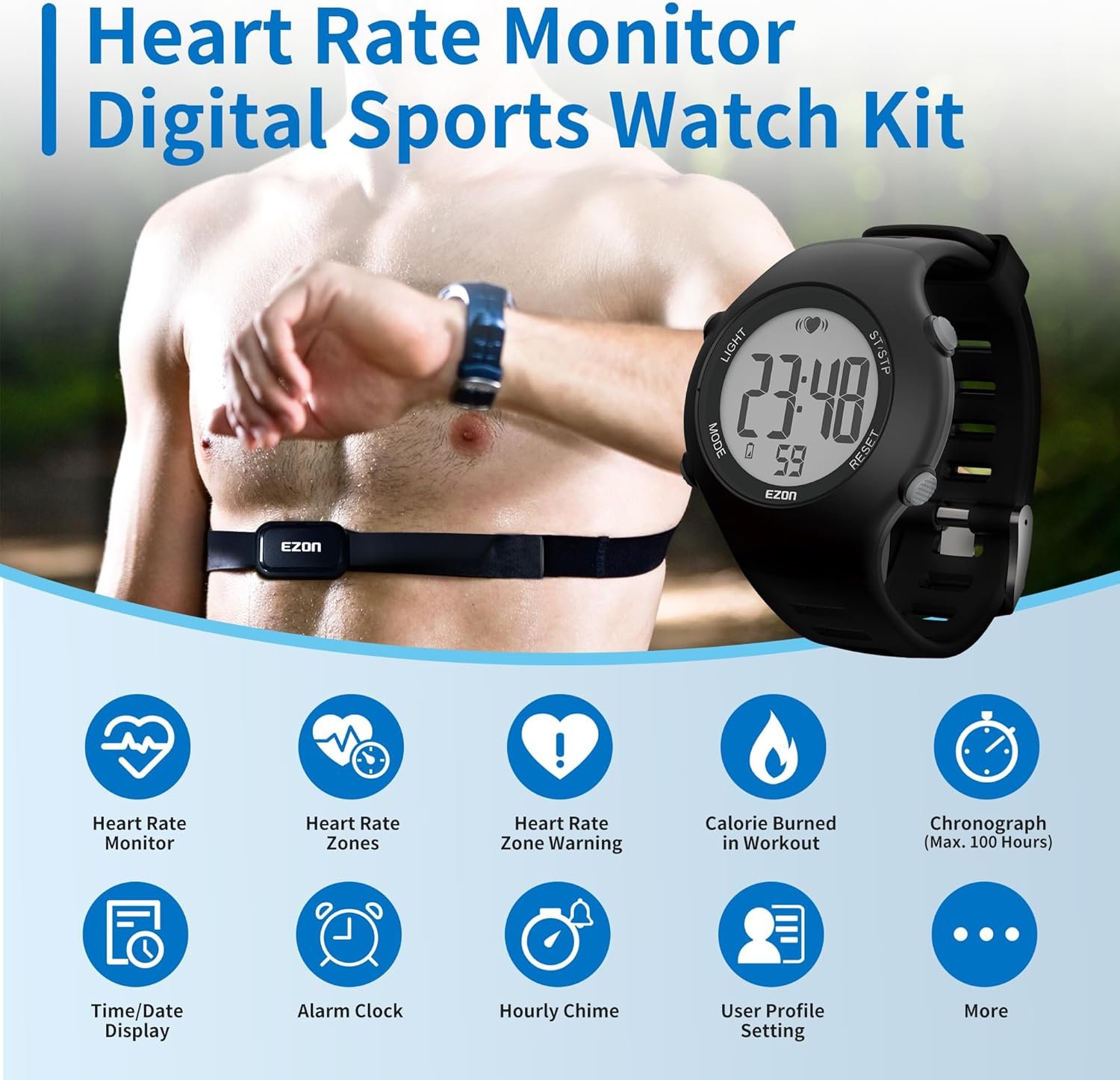 EZON Heart Rate Monitor Chest Strap and Digital Watch T037,5ATM Waterproof Fitness Tracker with HRM,Calories Burned,Stopwatch and Hourly Chime (Watch Band Included) - Image 2