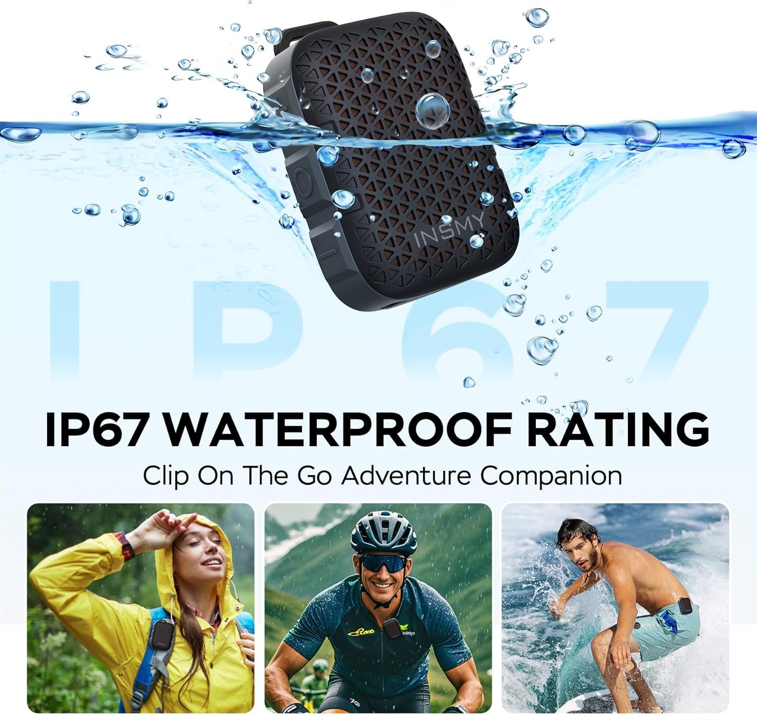 INSMY Wearable Bluetooth Speakers,IP67 Waterproof,Clip-On Portable Small Personal Speaker/Clean Sound/Stereo Pair/Wireless/ENC Built-in Mic/Lightweight for Golf Work Pool Gift (Non-Magnetic) (Black) - Image 2