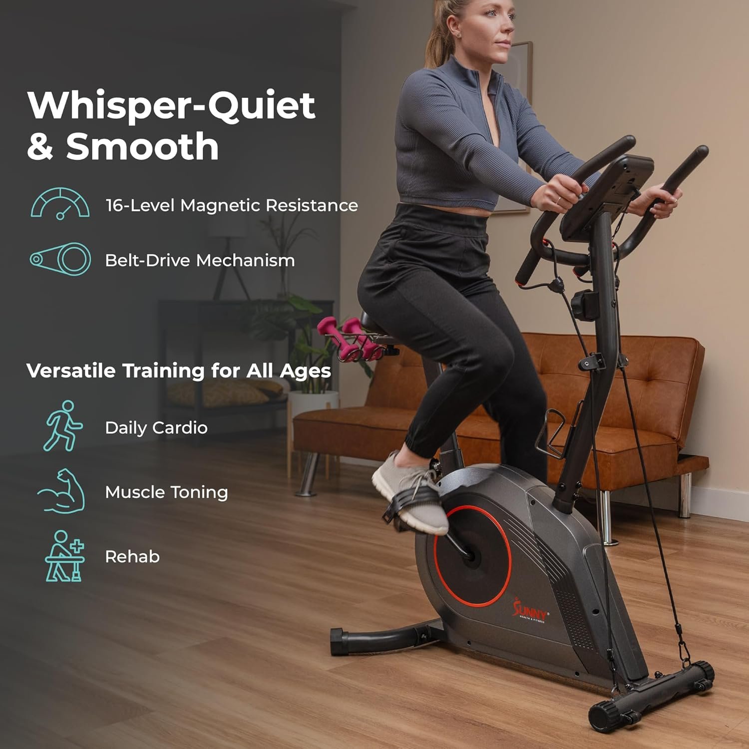 Sunny Health & Fitness Smart Stationary Exercise Upright Bike w/Pulse Sensor & 4-Way Adjustable Seat, Cycling Machine for Home Cardio Training, Free SunnyFit App Connection, Optional Resistance Band - Image 7
