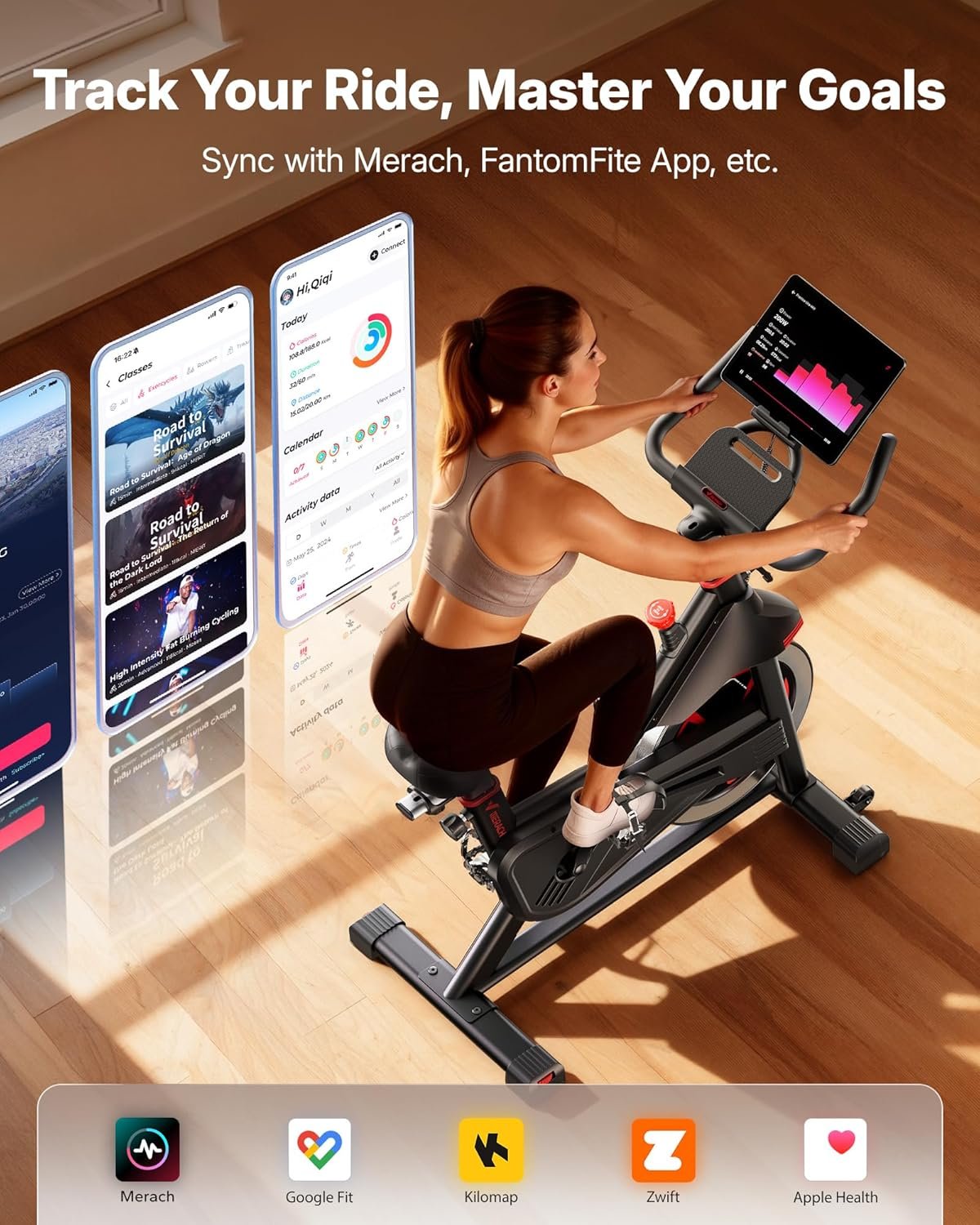 Merach Exercise Bike for Home Gym, Low Noise Stationary Bike with Brake Pad, Indoor Workout Bike with Self-Developed App, Tablet Mount and Fitness Courses for Weight Loss, 300 Lb Weight Capacity - Image 5