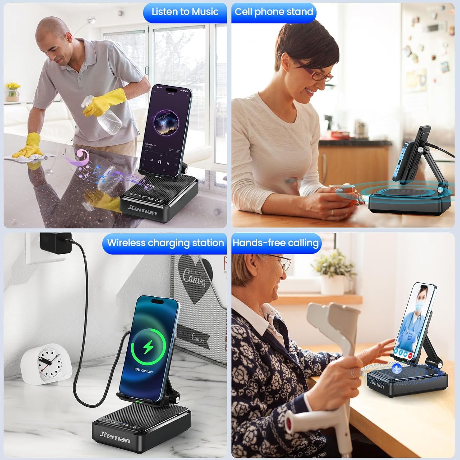Jteman Cell Phone Stand with Bluetooth Speaker and Wireless Charger, Desktop Charging Station Stand Speaker for iPhone, Christmas Birthday Gift for Men Women (Black) - Image 7