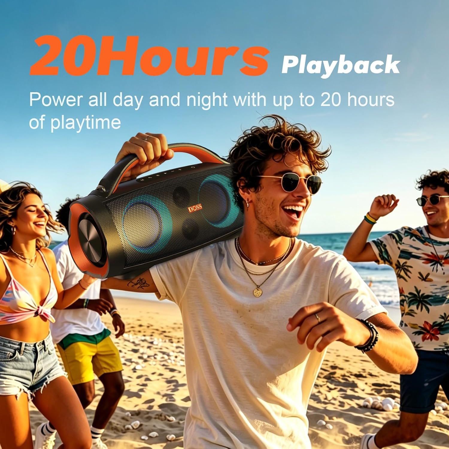 DOSS Extreme Boom Pro 100W Loud Outdoor Speaker, 2+2 Channel, IPX6 Waterproof, Bluetooth 5.3, 20H Playtime, Dynamic RGB Lights, Portable Speaker for Camping, Beach, Pool, Working Outside - Orange - Image 4