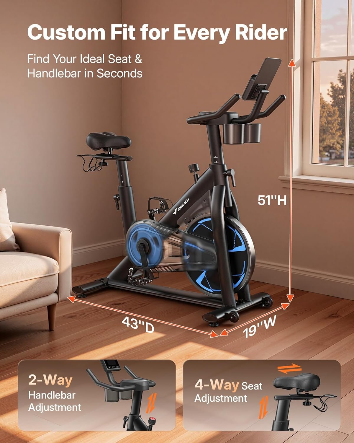 Merach Magnetic Exercise Bike, Low Noise Stationary Bike for Home with Comfortable Seat Cushion, Spinning Bike with 330 lb Weight Capacity, Exclusive App, Tablet Mount and Fitness Courses - Image 8