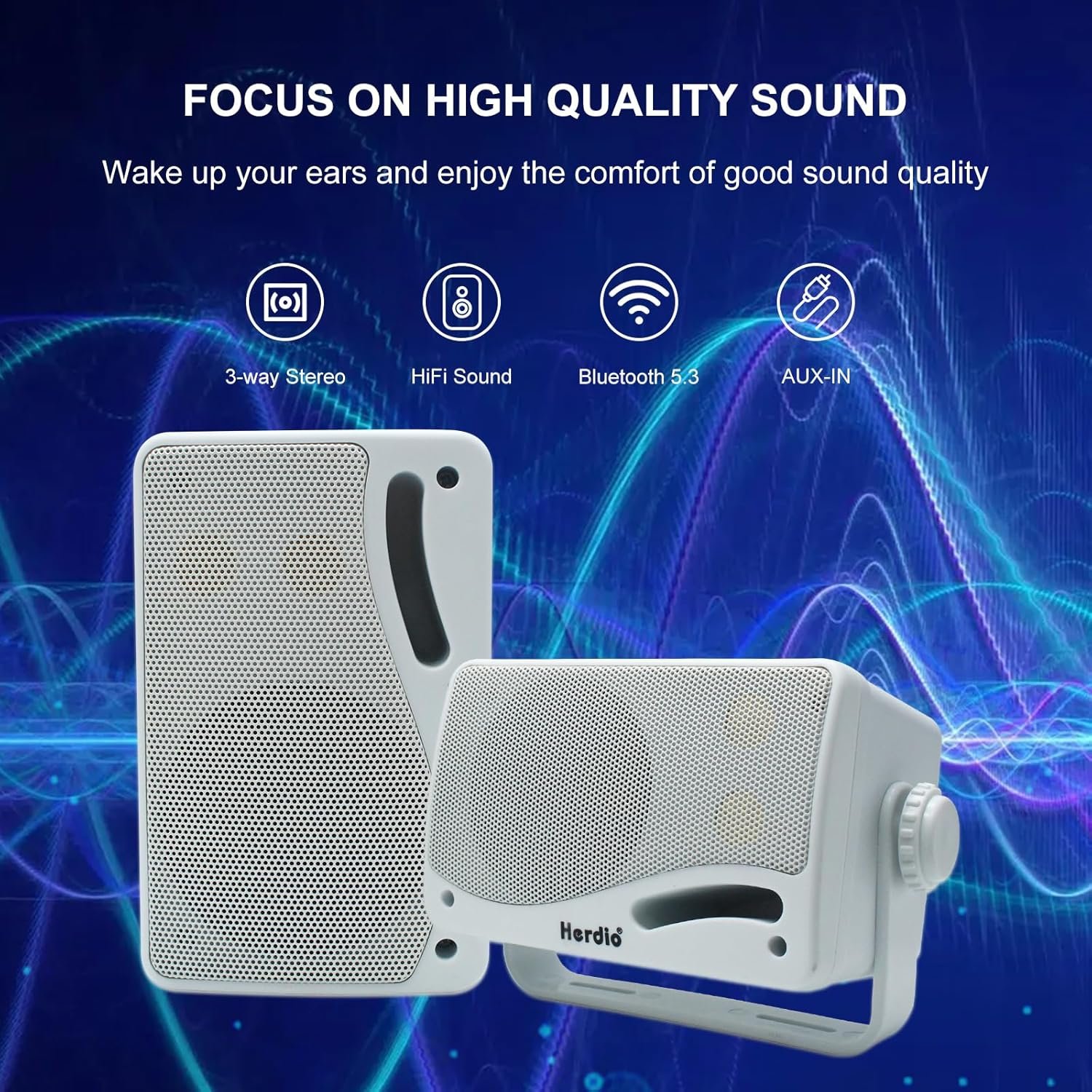 Herdio 3.5" Outdoor Bluetooth Speakers Wired Waterproof, 200W 3 Way Upgrade Premium Wall Mount Speakers, Durable Mountable Loud Sound System for Patio Indoor Deck Garage (White Pair) - Image 2
