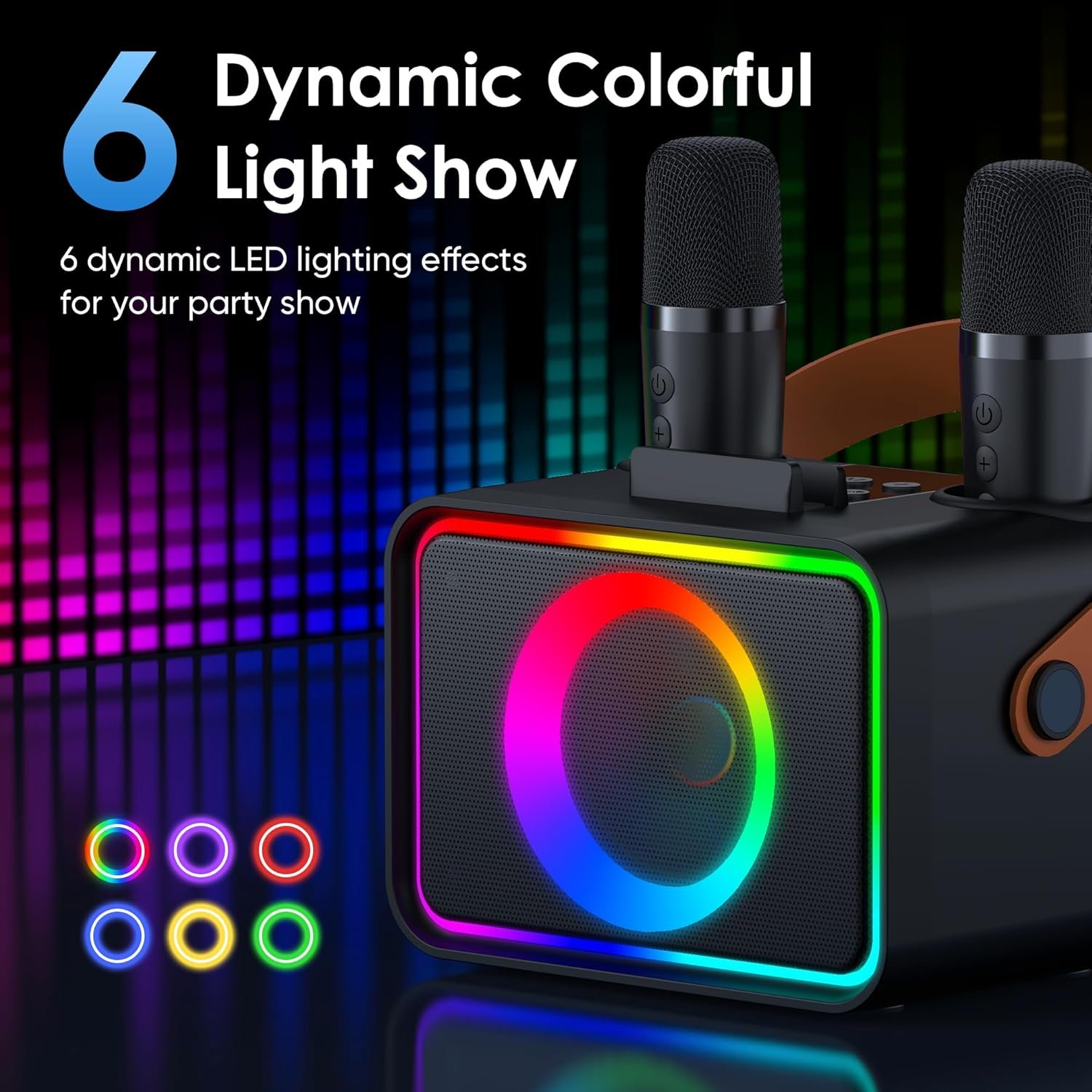 Karaoke Machine,Portable Bluetooth Speaker with 2 Wireless Microphone for Adults & Kids with LED Lights, Karaoke Microphone with PA System Supports USB/TF/AUX,Gift for Party(Black) - Image 4