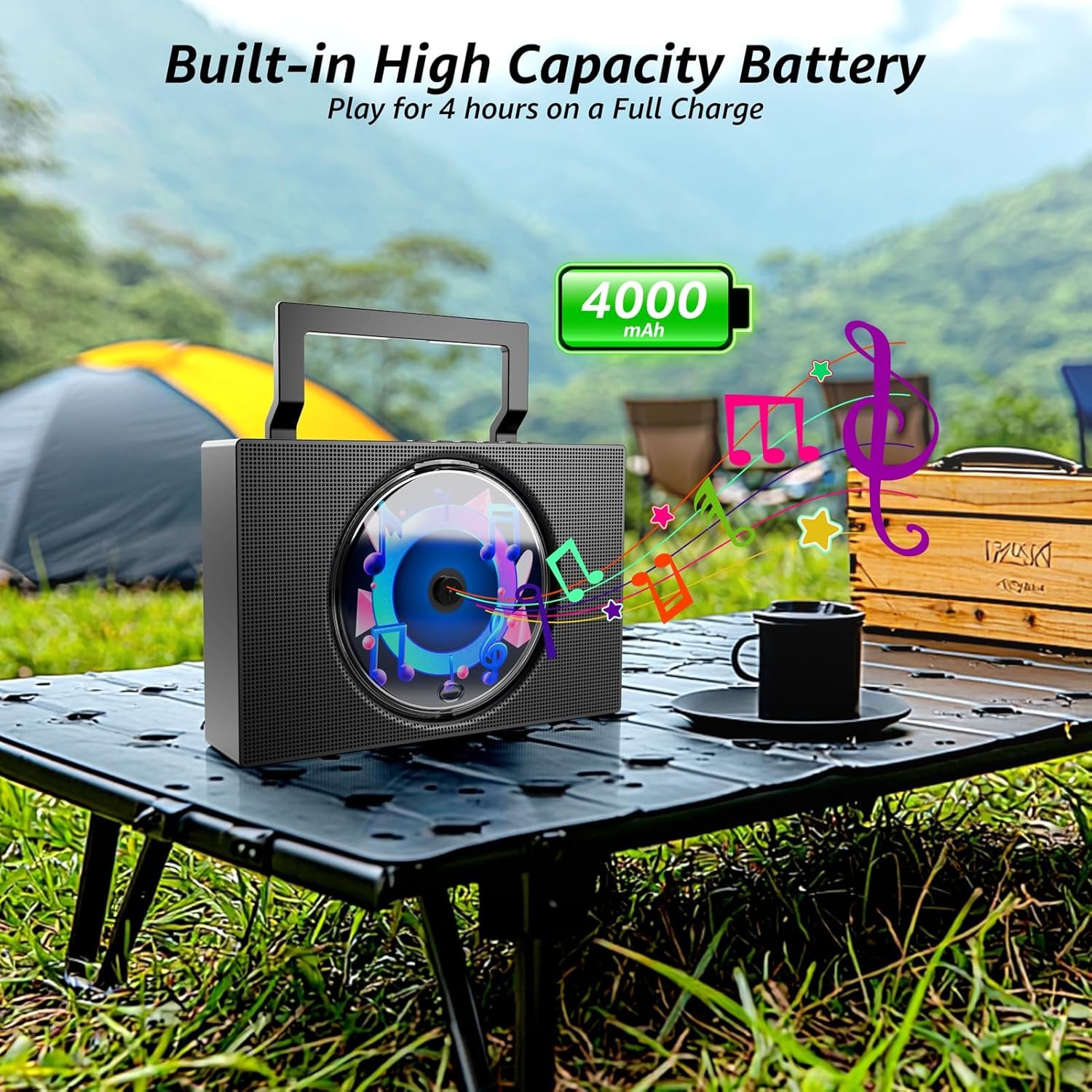 Portable CD Player Boombox with Bluetooth - Rechargeable CD Player with FM Radio, USB, AUX, Remote Control - Stereo Sound System with 4000mAh Battery - Supports CD/CD-R/CD-RW/MP3/WMA - Image 4