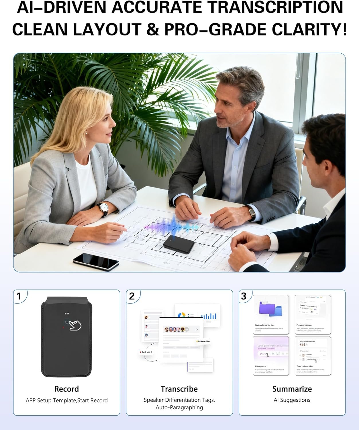 AI Voice Recorder - AI Note Taking Recording Device, Phone Wallet Card Holder Design, Transcribe & Summarize, APP Control Audio Recorder, Supports 137 Languages, for Lectures, Meetings, Calls (Black) - Image 3