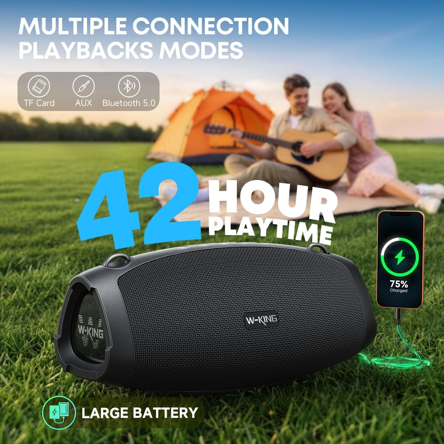 W-KING Bluetooth Speaker, 120W Max Loud Portable Speakers Bluetooth Wireless Boombox, IPX6 Waterproof Party Large Outdoor Speaker, 70W Triple Passive Radiators- Deep Bass/Subwoofer*2, 42H, TF, AUX, EQ - Image 6