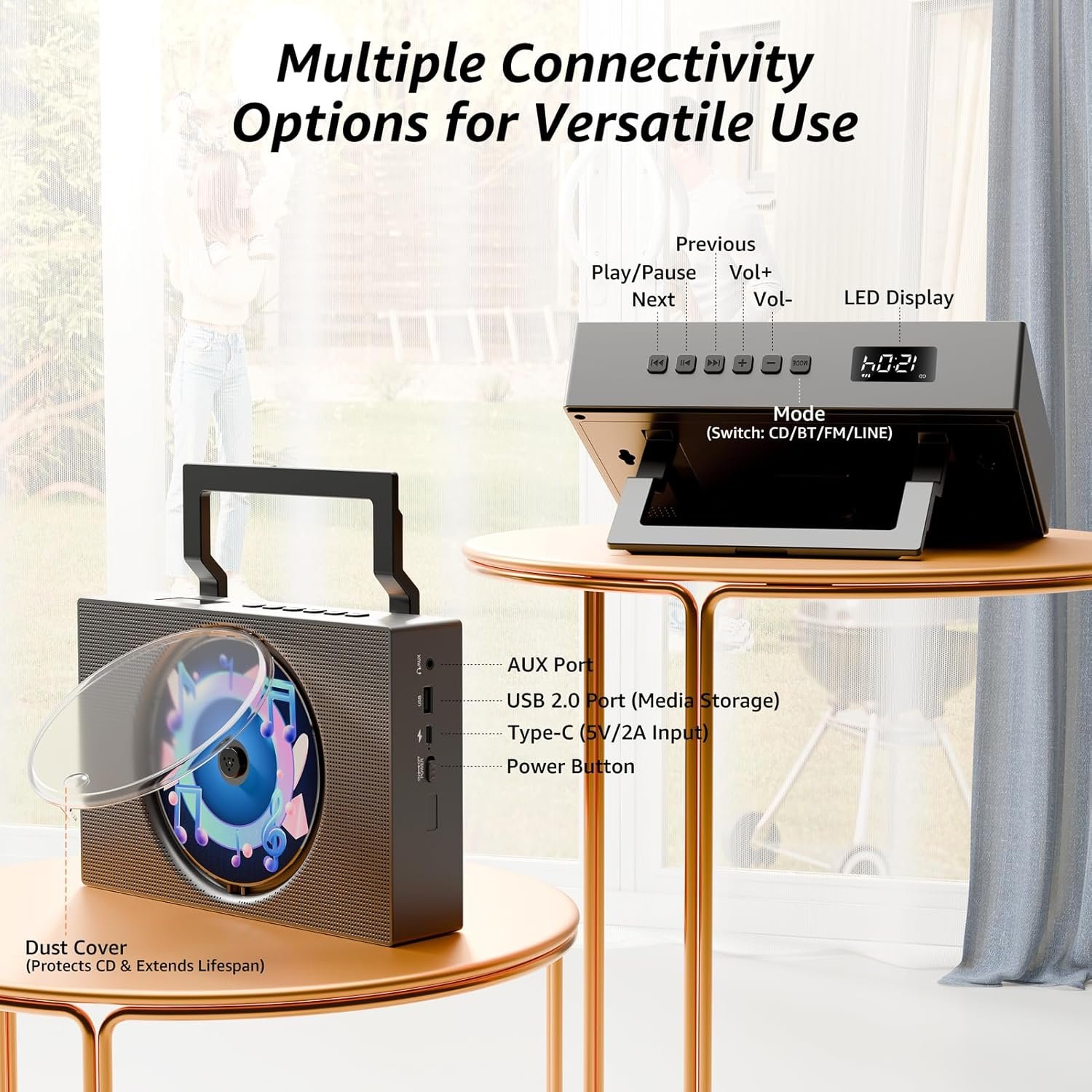 Portable CD Player Boombox with Bluetooth - Rechargeable CD Player with FM Radio, USB, AUX, Remote Control - Stereo Sound System with 4000mAh Battery - Supports CD/CD-R/CD-RW/MP3/WMA - Image 7