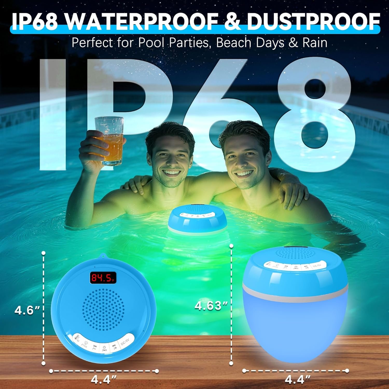 FluSing 3 in 1 Floating Pool Speaker with Digital Thermometer,Bluetooth Pool Speaker with Colorful Lights,TWS Floating Bluetooth Speaker for Pool IP68 Waterproof,Loud Sound Hot Tub Speakers-Light Blue - Image 5