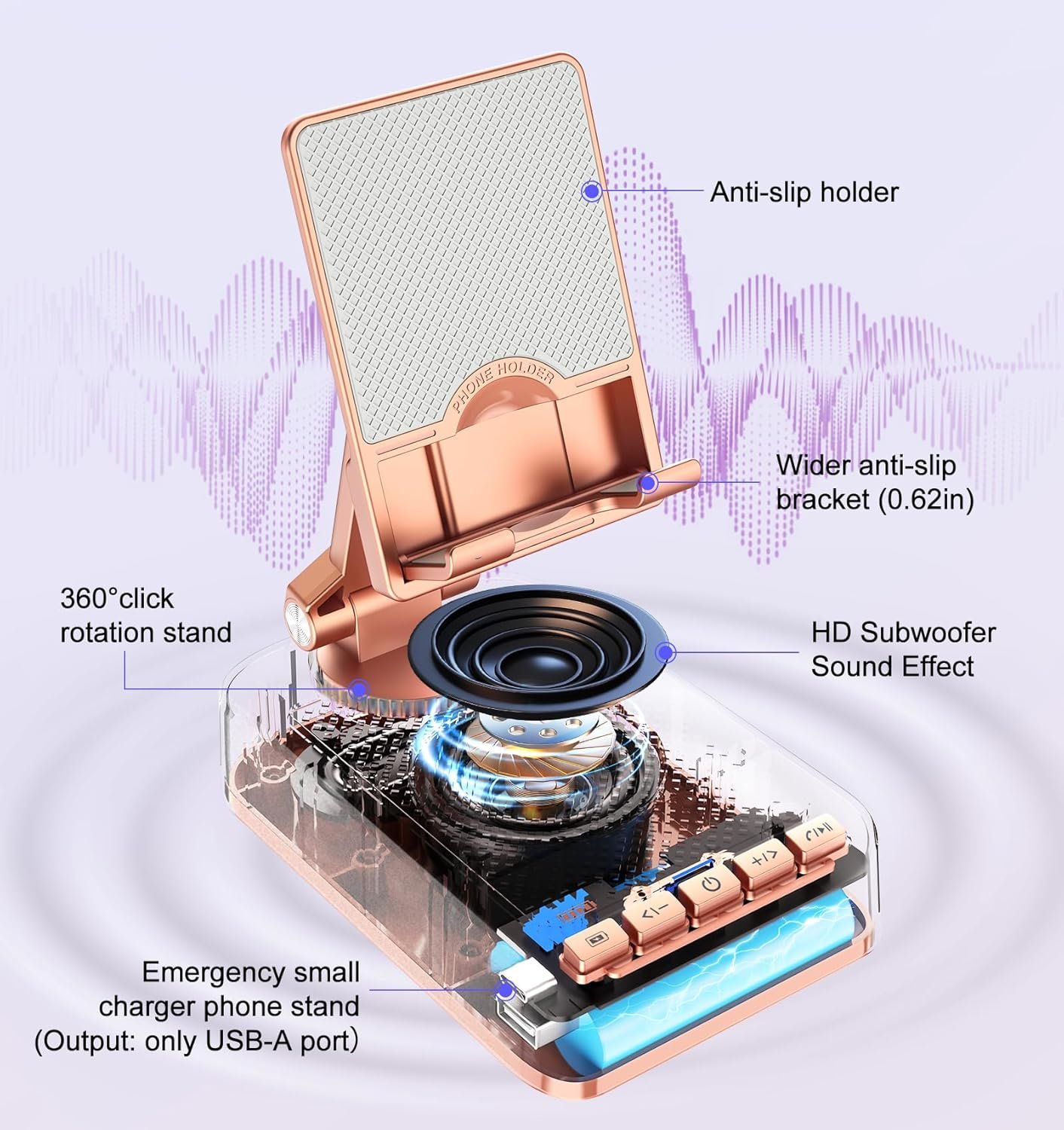 Gifts for Women Girls, Bluetooth Speaker Phone Stand with Charging Function 360° Rotable Adjustable Cell Phone Holder with HD Surround Sound for Desk Fits All Phones,Tablet (Rose Gold) - Image 3