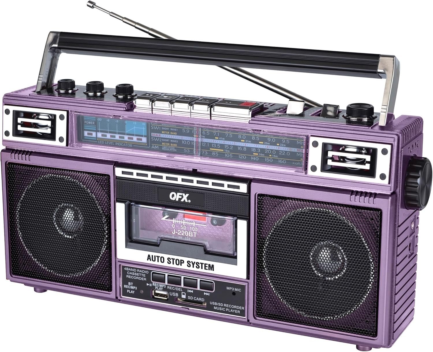 QFX J-220BT Purple Boombox MP3 Conversion from Radio to Cassette with 4-Band (AM, FM, SW1, SW2) Radio with Bluetooth, Dual 3” Speakers, Built-in Microphone, Recorder, and a 3-Band Equalizer - Image 2