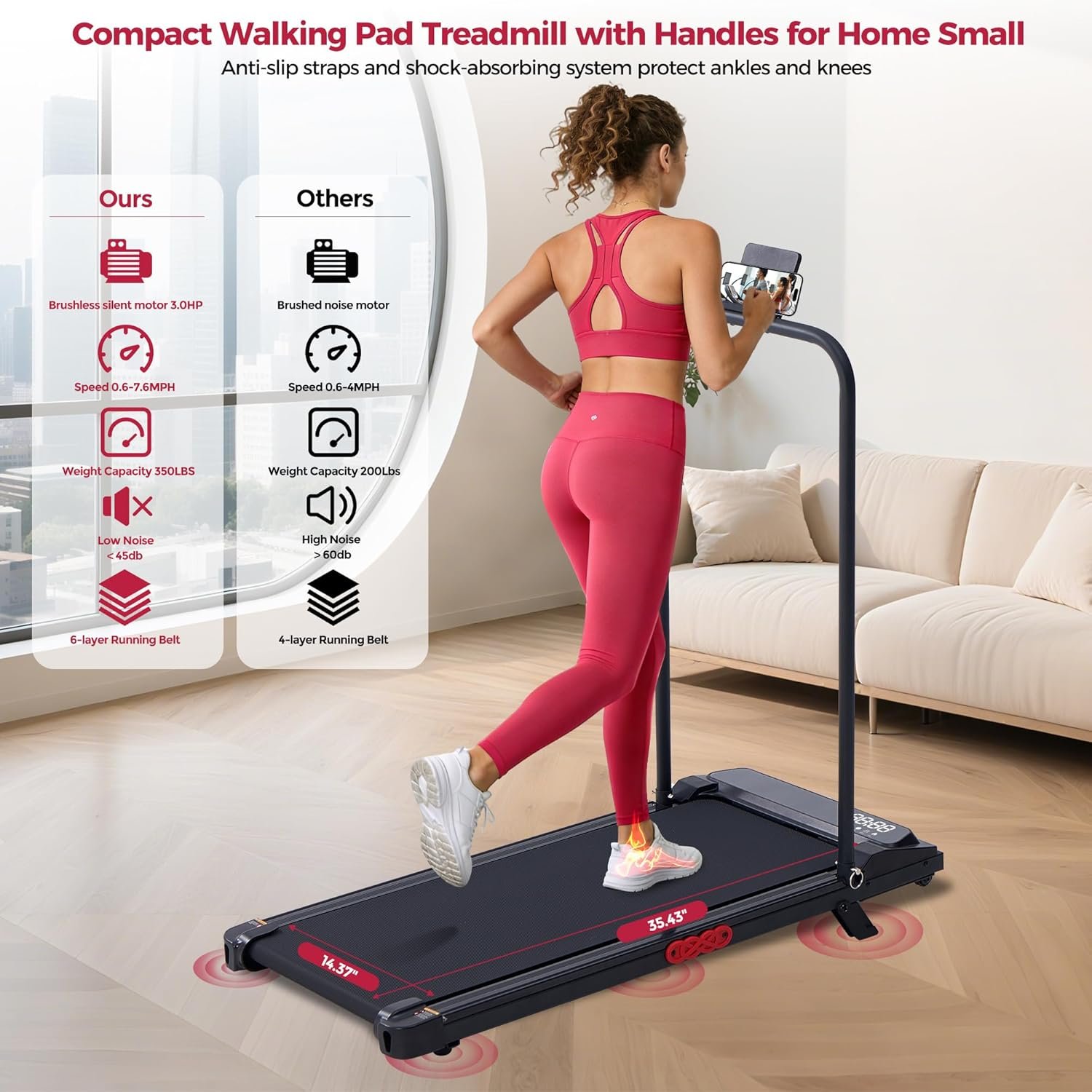 Walking Pad with Handle Bar and Incline, 3.0HP Under Desk Treadmill for Home Small Space, 0.6-7.6MPH Portable Walking Pad Treadmill with Handles, 350LBS, 2026 Upgrade - Image 4