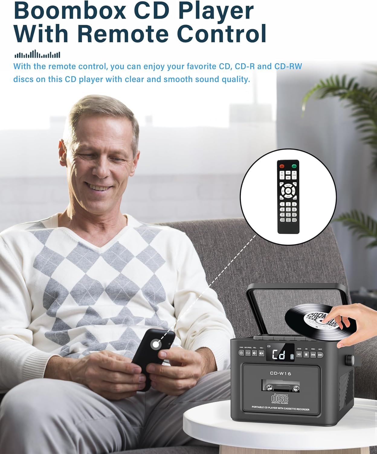 Boombox Cassette CD Player Bluetooth5.1 with 5000mAh Battery,5W Dual Stereo Speakers,Rechargeable CD Player with FM Radio,Remote Control,Tape Recording,3.5mm Earphone Jack,AUX/Micro SD/USB for Home - Image 6