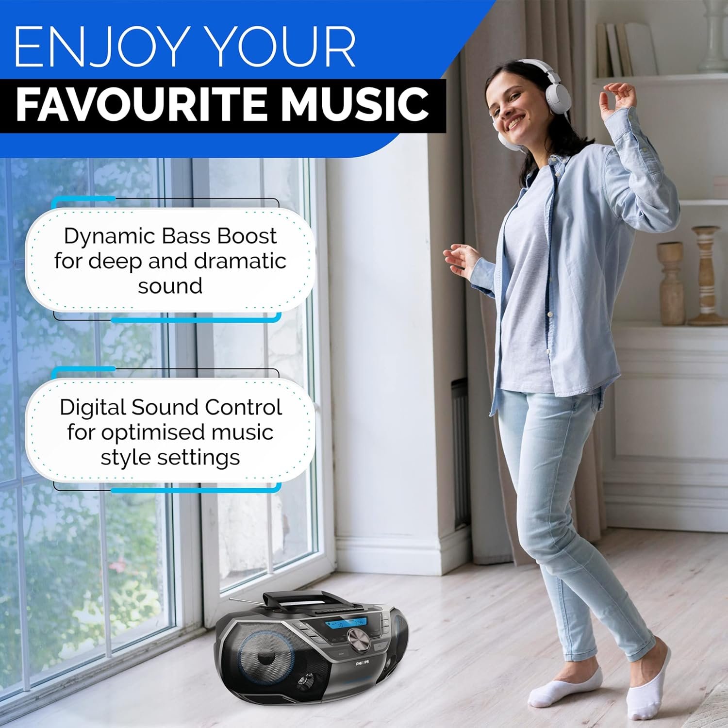 Philips Portable CD Player Boombox Bluetooth with Cassette Player All in one Powerful Stereo Boom Box CD Player for Home Mega Bass Reflex Speakers, Radio/USB/MP3/AUX Input with Backlight LCD Display - Image 5