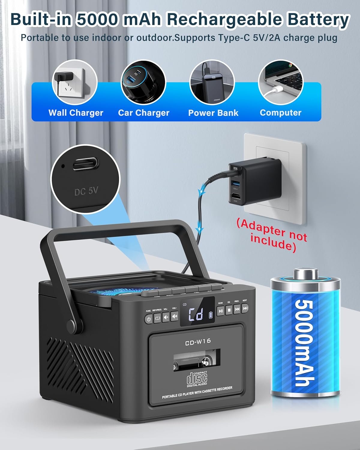 Boombox Cassette CD Player Bluetooth5.1 with 5000mAh Battery,5W Dual Stereo Speakers,Rechargeable CD Player with FM Radio,Remote Control,Tape Recording,3.5mm Earphone Jack,AUX/Micro SD/USB for Home - Image 2