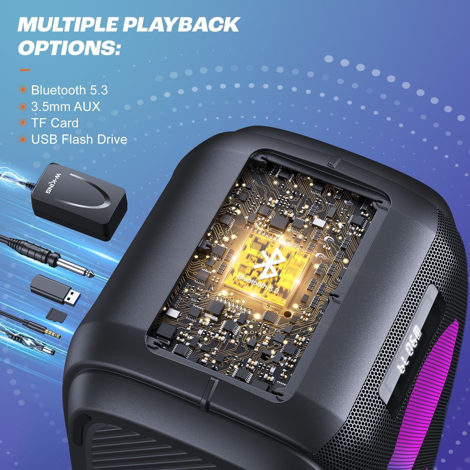 W-KING 270W Peak Party Large Loudest Bluetooth Speaker Bigest Boom Box, Portable Speakers Wireless/12 Custom Deepest Bass/Massive 125dB 6.5''x2 Subwoofer/IPX5/MIC>R in/USB/TF/AUX, Removable Battery - Image 8