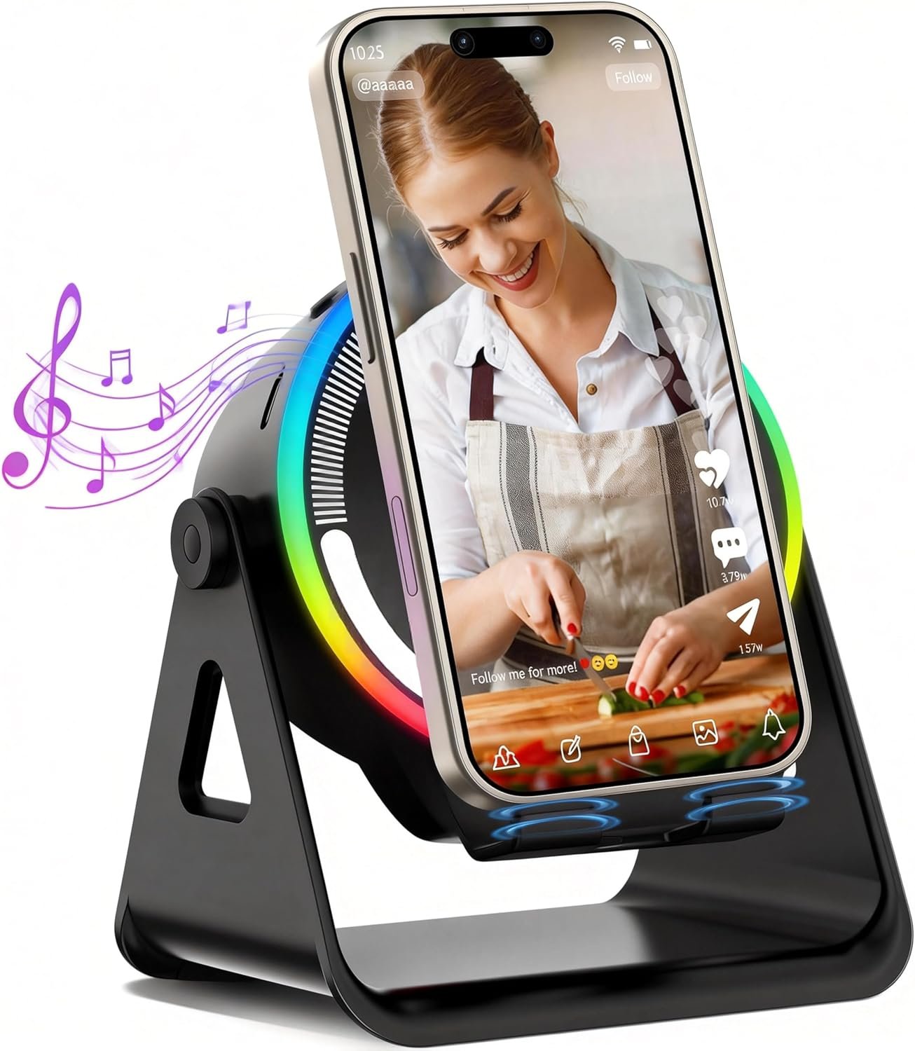Wireless Induction Speaker, 5-in-1 Bluetooth 5.3 Phone Stand with 360° Rotation & RGB Ambient Light - Cool Tech Gadgets Gifts for Men Women Dad Mom - Compatible iPhone/Android/iPad/Samsung (Black) - Image 8