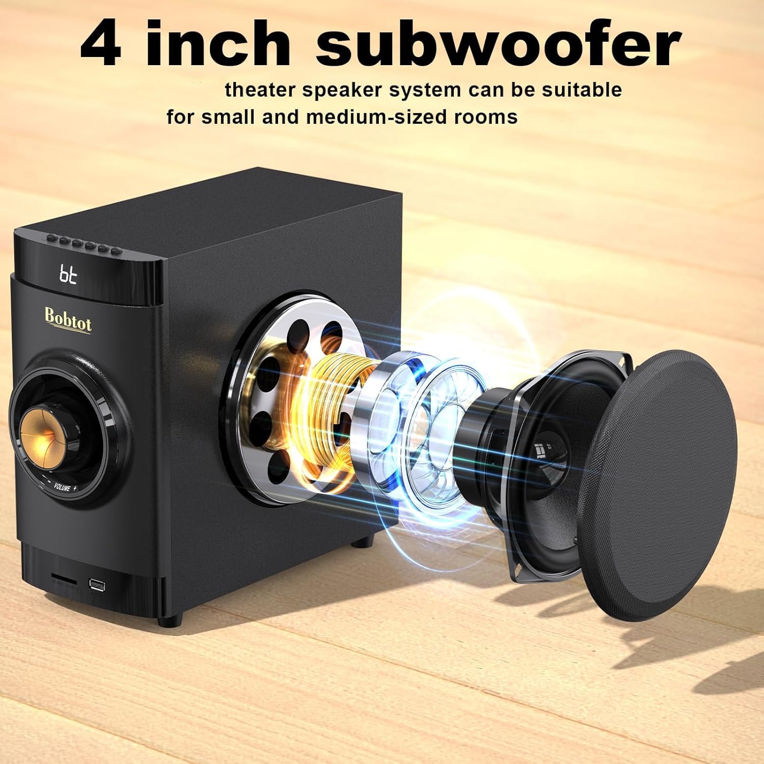 Bobtot Small Subwoofer Home Theater for TV Surround System 5 Wired Speakers Amplifier 4 inch Woofer Built-in Receiver Support ARC Optical Bluetooth Input for Projector - Image 2