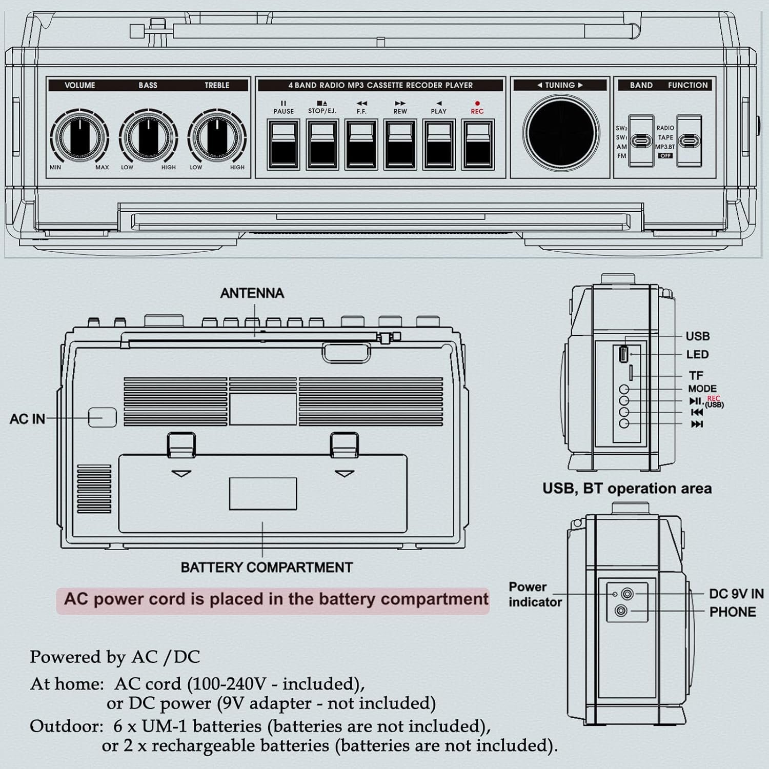 Retro Classic 80s Style Portable Boombox with Cassette Player Recorder, AM/FM/SW1/SW2 Radio, Bluetooth, USB/Micro SD Slots, Headphone Jack, 24W Dual Full-Range High Bass Speakers - Image 7