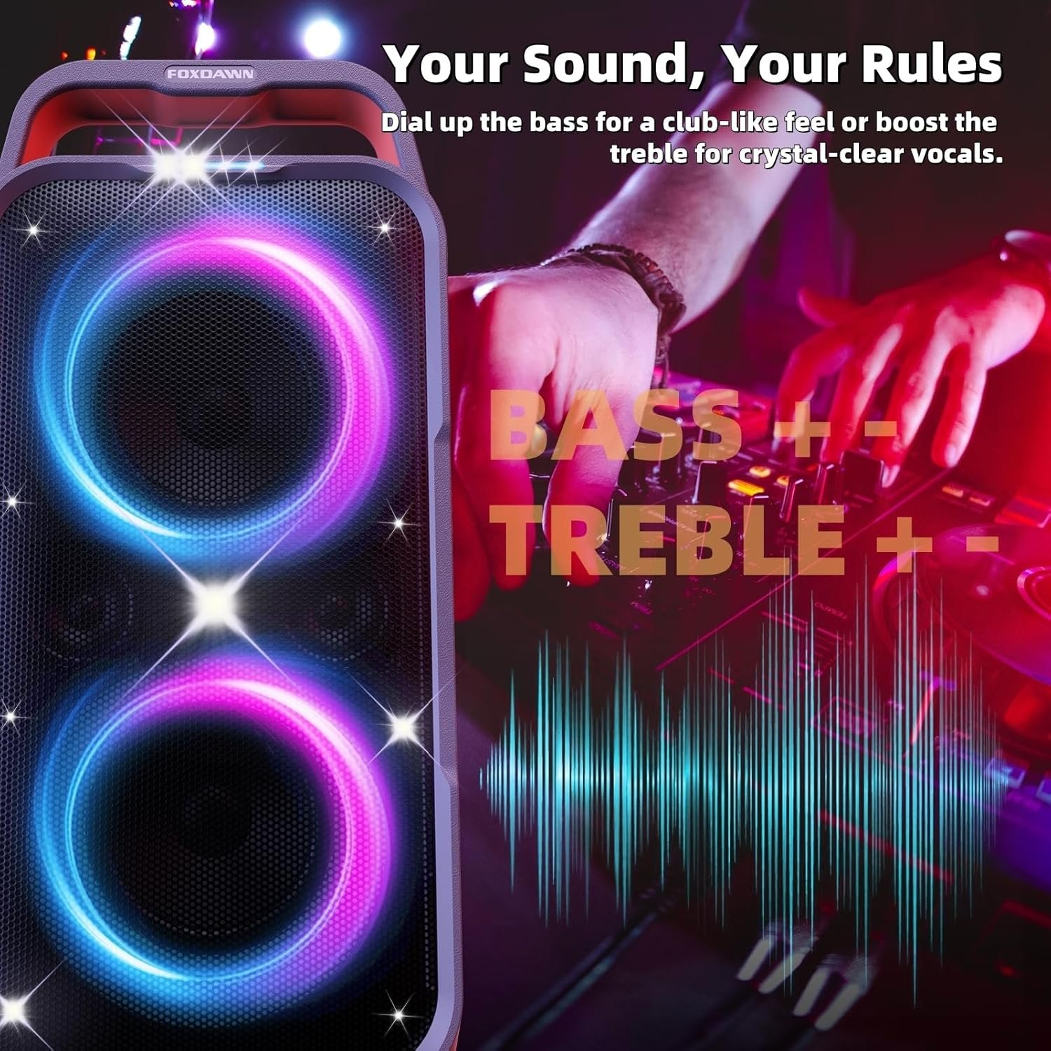 Foxdawn Portable Bluetooth Speaker: 240W Peak Powerful Loud Sound Deep Bass Wireless Boombox Large Subwoofer 15 Hours Battery Life Fast Charging with Led Light Show for Party Outdoor Camping Backyard - Image 5