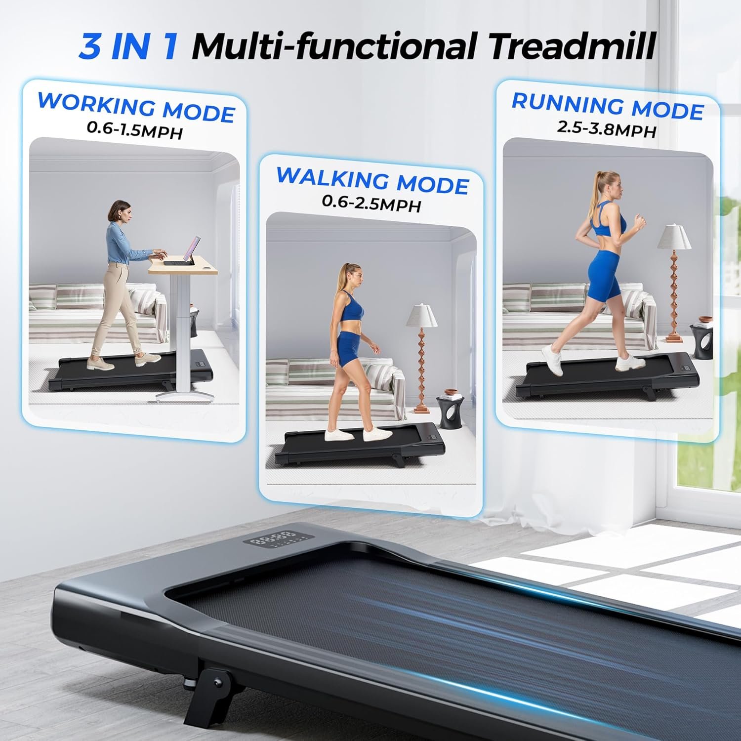 SupeRun Walking Pad with Incline, Under Desk Treadmill, 3 in 1 Portable Treadmills for Home with Remote Control LED Display, 2.5 HP Quiet Mini Treadmill for Office Home Use, 300 Lbs Capacity - Image 4