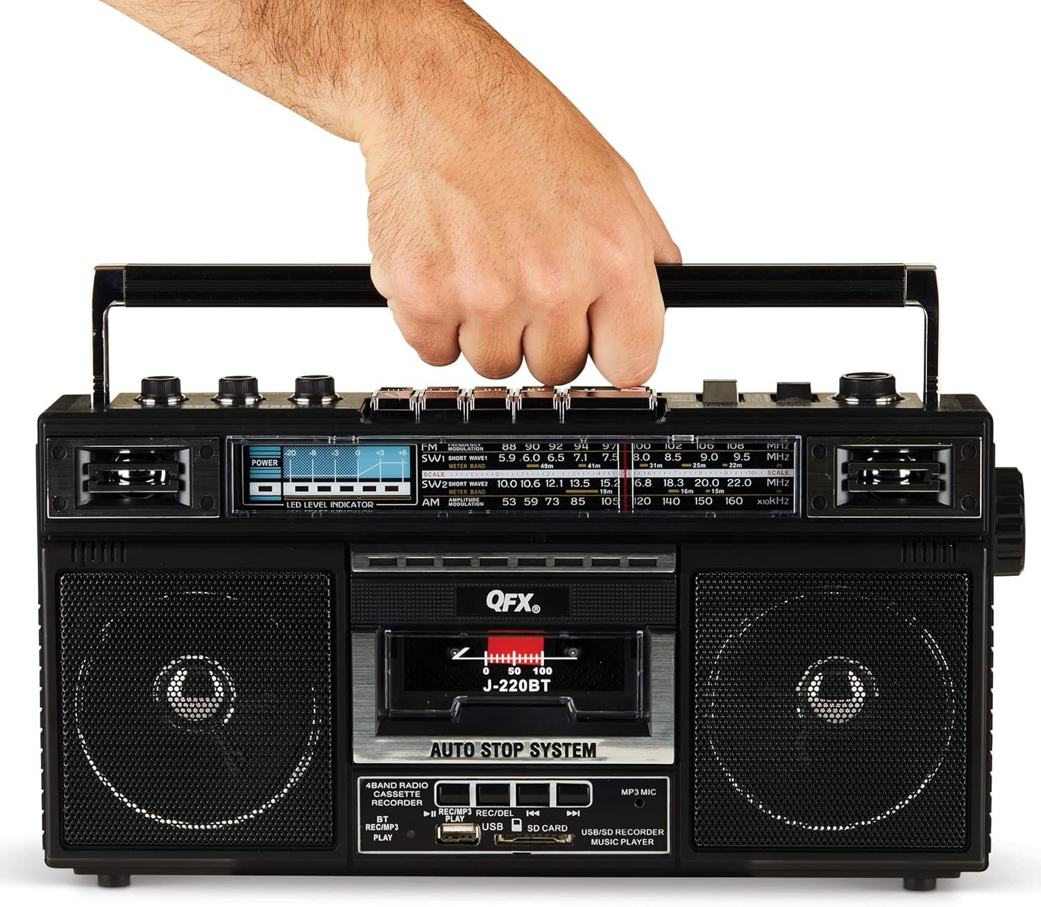 QFX J-220BT Boombox MP3 Conversion from Radio to Cassette with 4-Band (AM, FM, SW1, SW2) Radio with Bluetooth, Rechargeable Battery, Dual 3” Speakers, Built-in Microphone, Recorder, 3-Band Equalizer - Image 7
