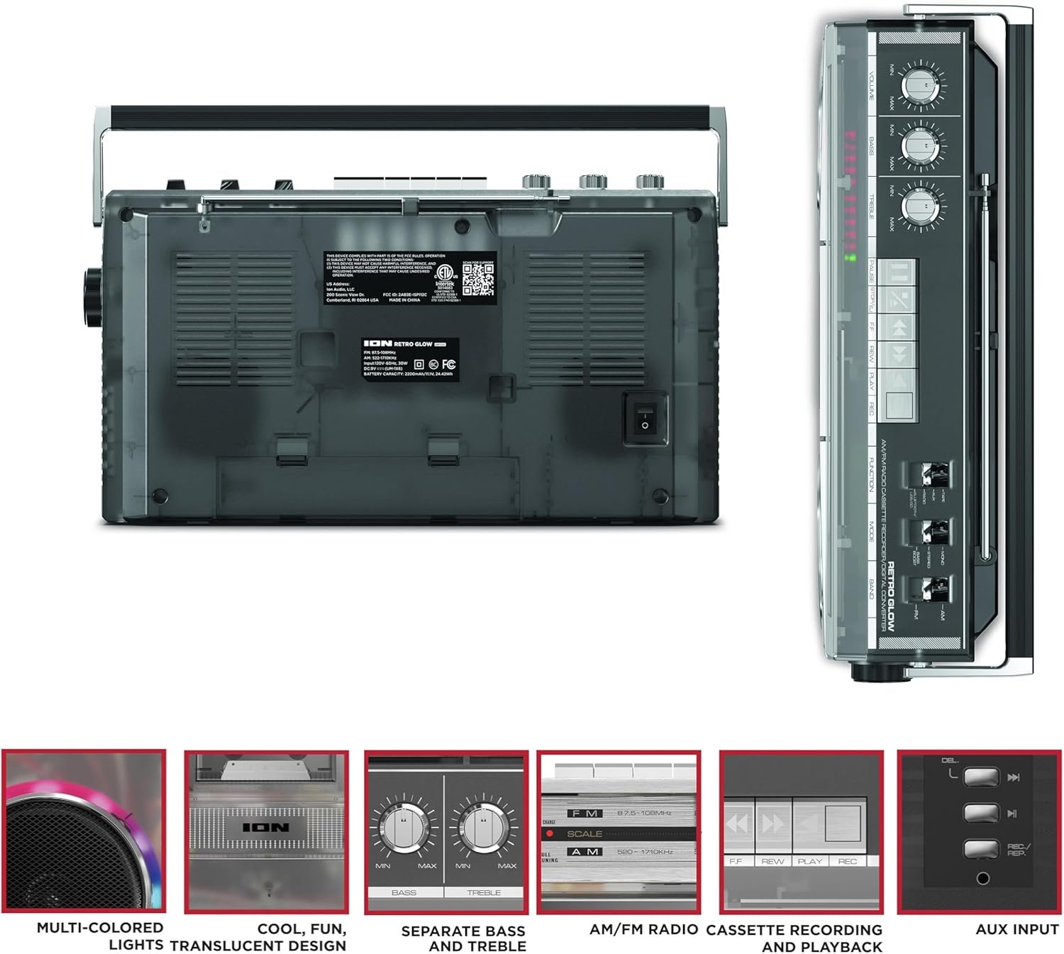 ION Audio Retro Glow Boombox - Deluxe Stereo AM/FM Radio Cassette Dual Speakers Full-Range Bass and Bluetooth (Renewed) - Image 8