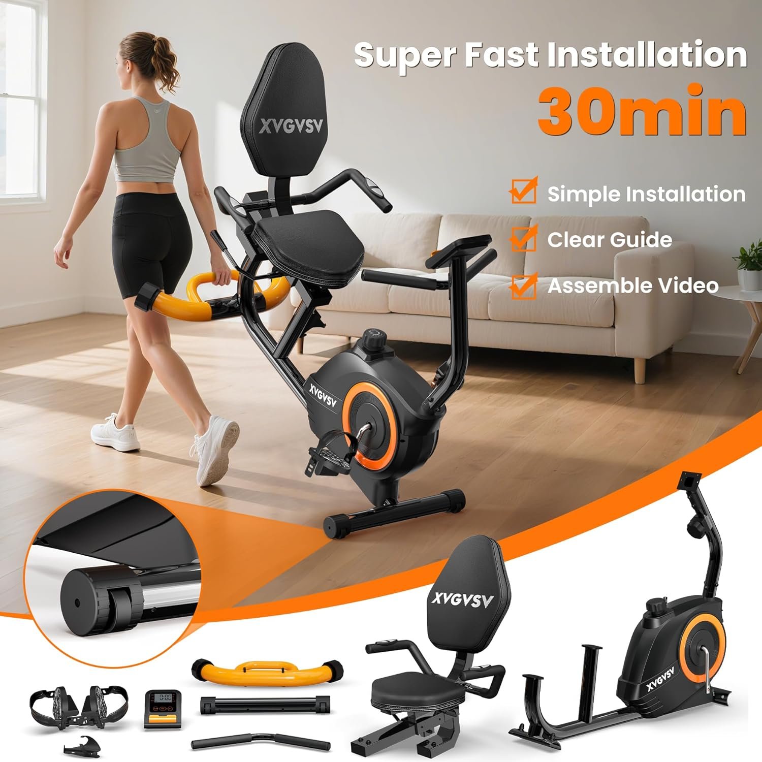 Recumbent Exercise Bike for Home Use, Quiet Recumbent Stationary Bikes for Adults & Seniors, 16-Level Resistance, Adjustable Seat, Supports 400LB, Pulse Sensors & LCD Display - Image 5