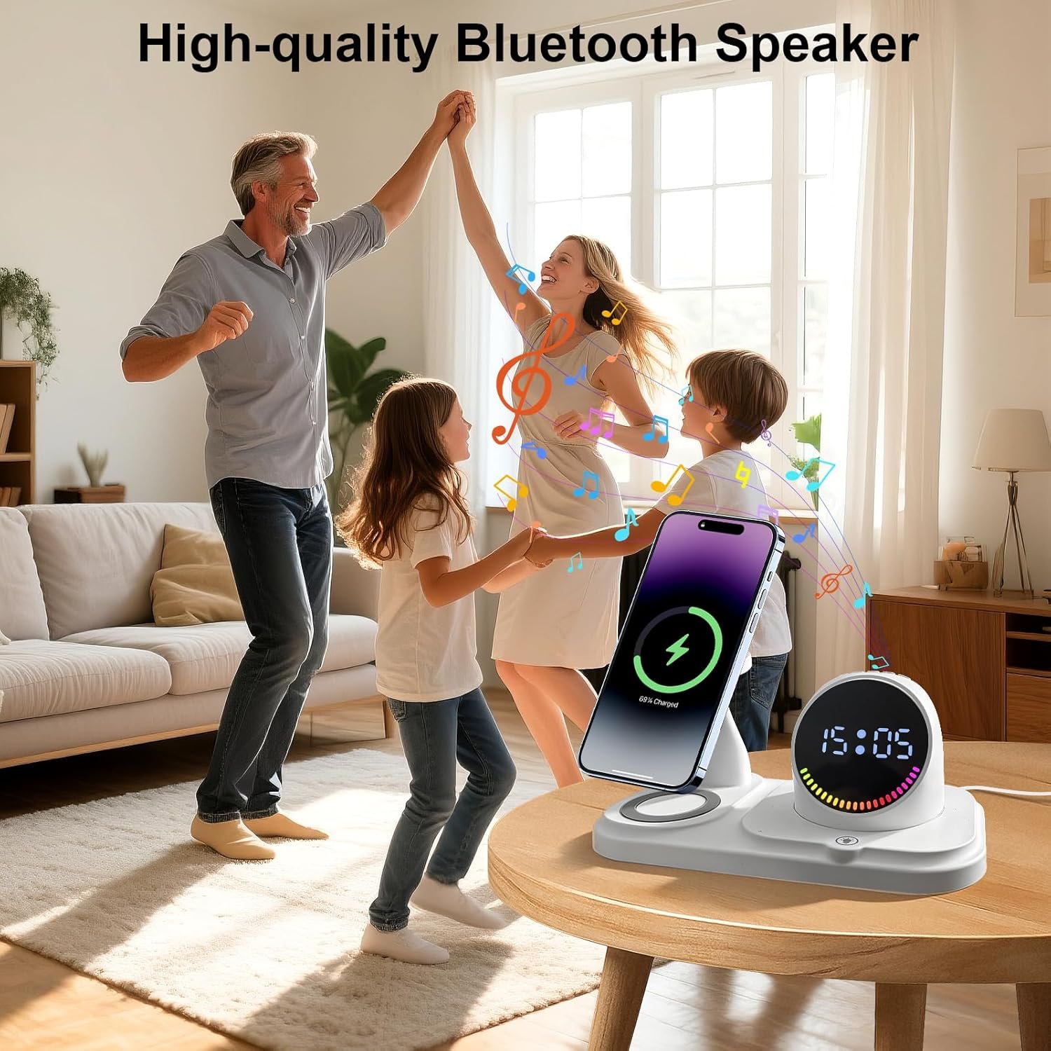 6 in 1 Wireless Charging Station with Bluetooth Speaker Fuction, Charging Stand for Multiple Devices for Apple iPhone 17 16 15 14 13 12 Pro Max Apple Watch Airpods, Digital Clock and Ambient Lights - Image 4