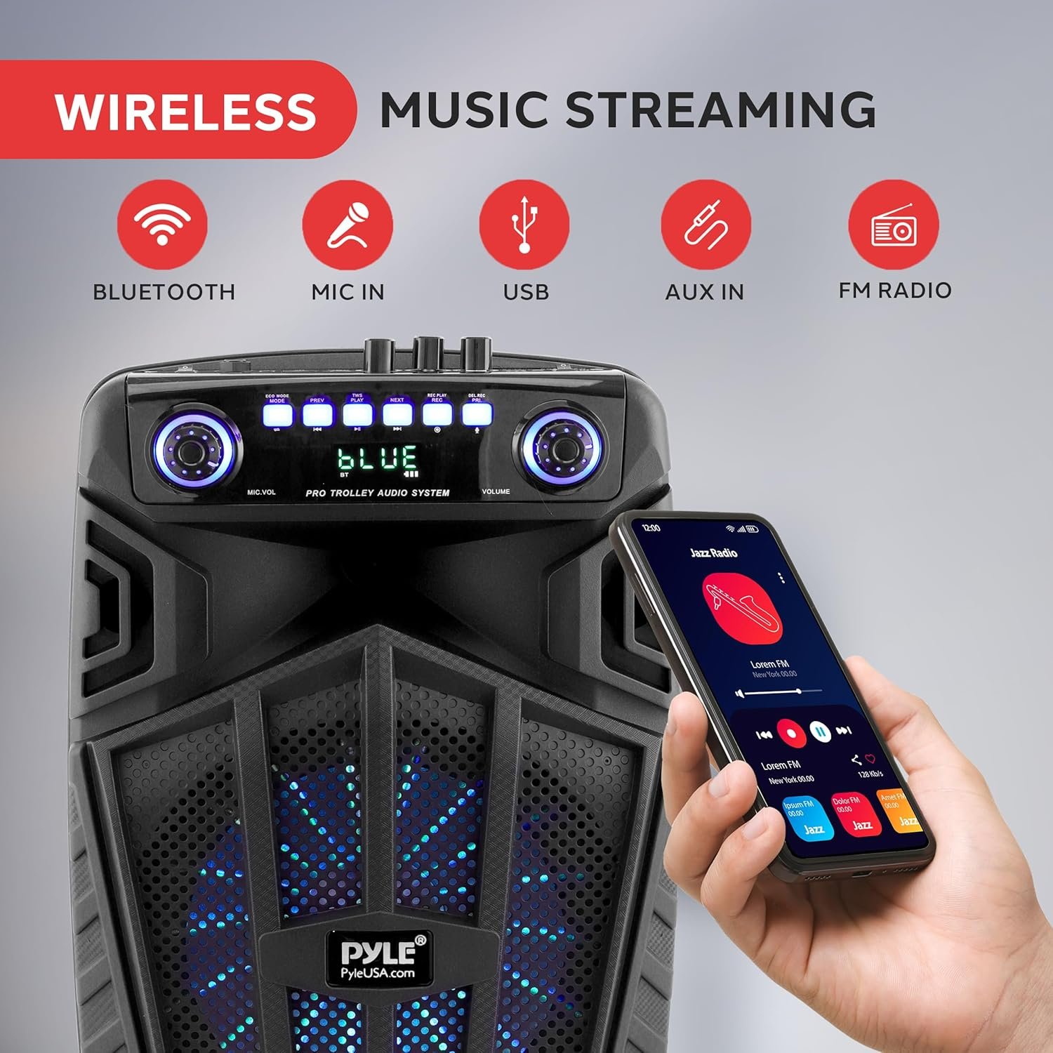 Pyle 680W Portable Bluetooth PA Speaker - 10" Rechargeable Outdoor Karaoke Speaker, Audio System w/Wireless Mic and Wheels, TWS, Lights, LED Display, 6.5mm Mic Input, FM/AUX/MP3/USB/SD - Image 3