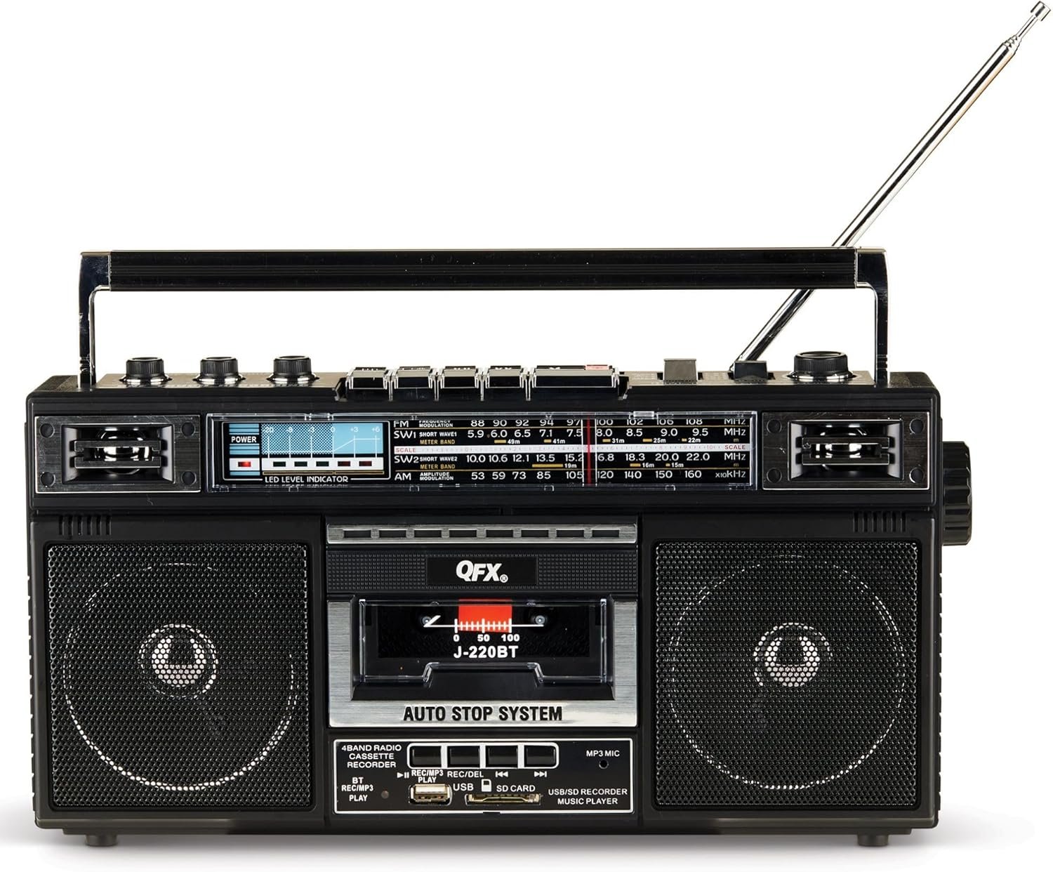 QFX J-220BT Boombox MP3 Conversion from Radio to Cassette with 4-Band (AM, FM, SW1, SW2) Radio with Bluetooth, Rechargeable Battery, Dual 3” Speakers, Built-in Microphone, Recorder, 3-Band Equalizer