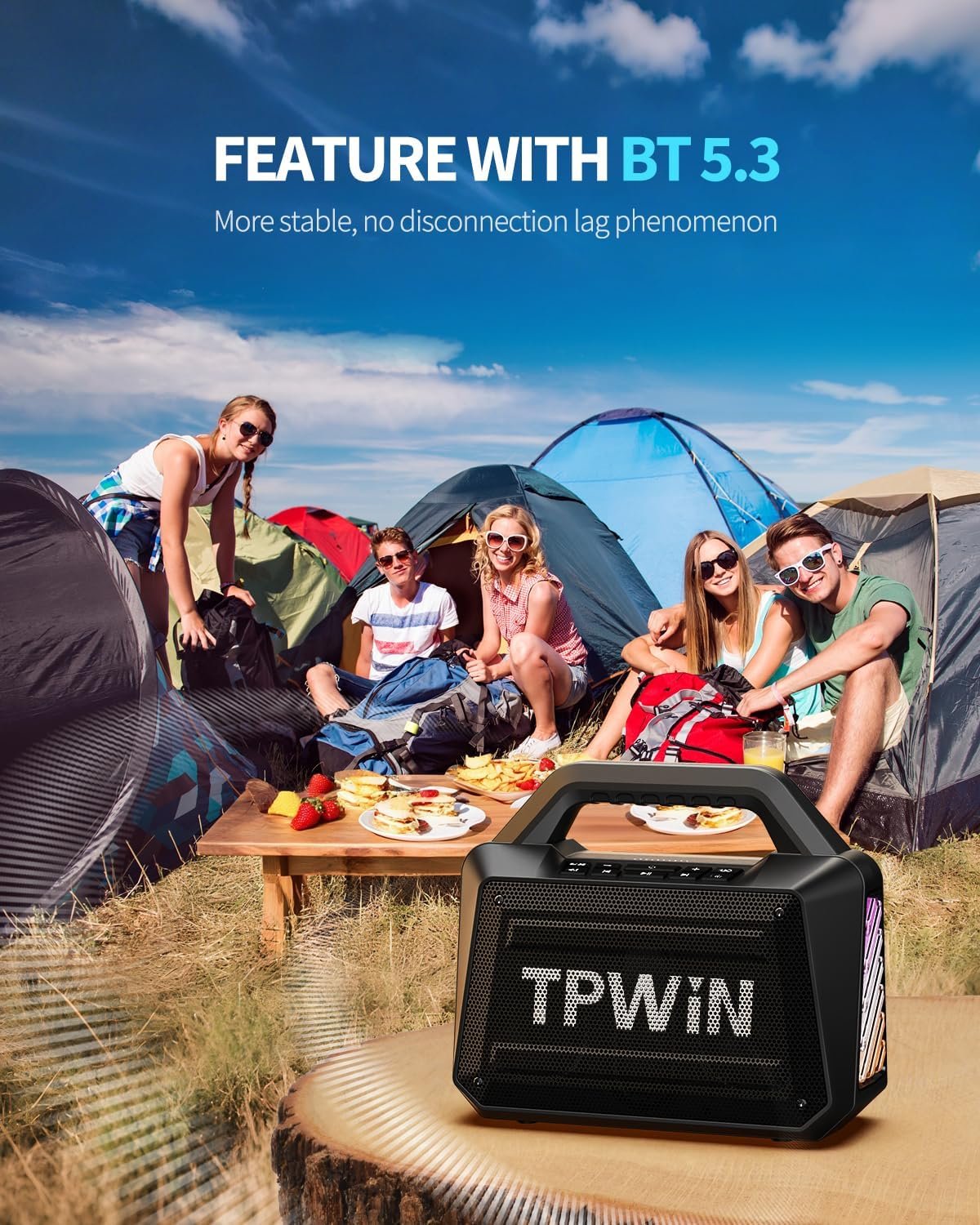 Bluetooth Speaker - 80W Loud Rugged Outdoor Speakers, IPX6 Waterproof, 20H Playtime, Deep Bass, Lightshow, TWS, BT 5.3 Wireless, Portable for Travel Hiking Camping Beach Pool - Black - Image 9