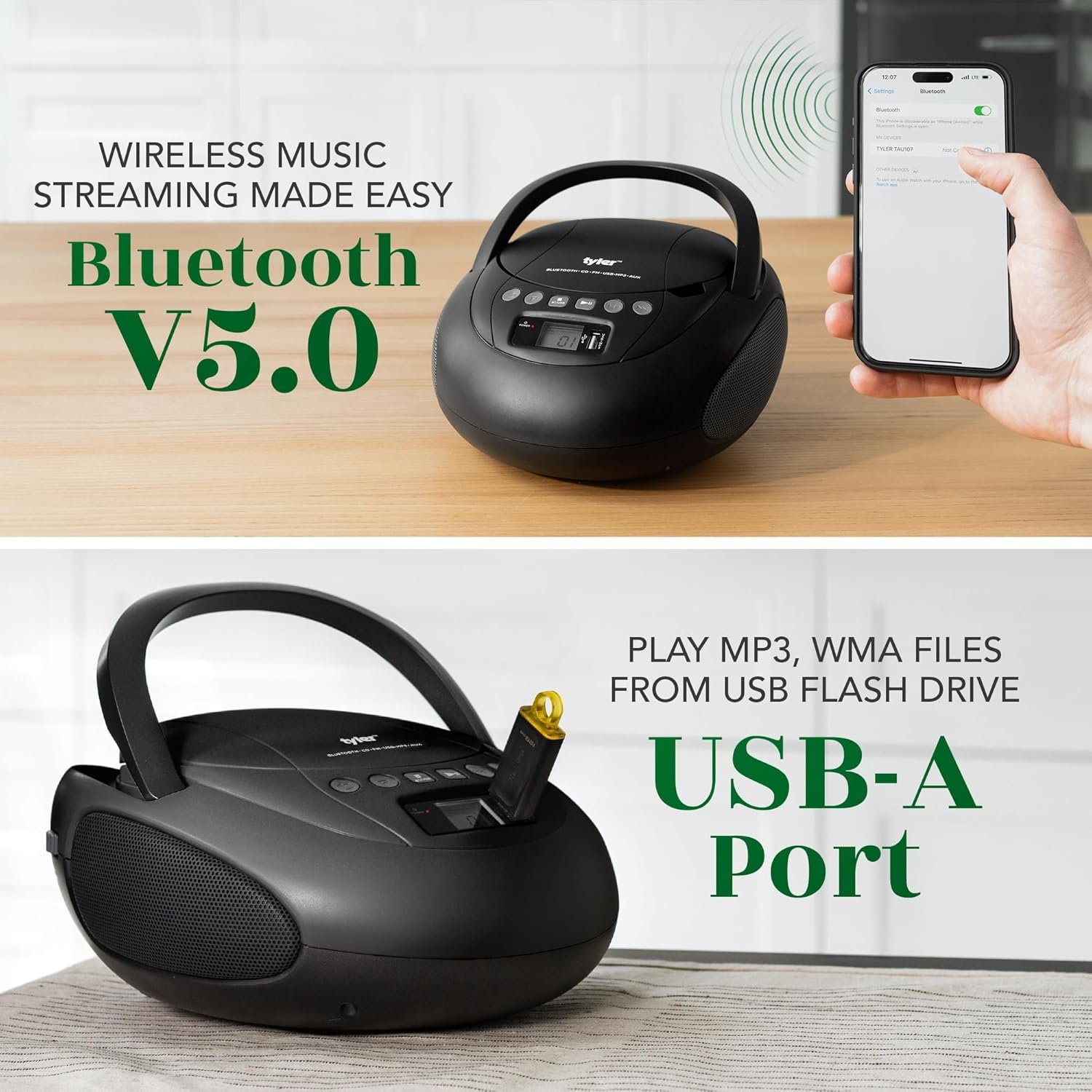 Tyler Portable CD Player Boombox with FM Radio, Bluetooth, and USB Port | Clear Stereo Sound | CD-R/RW and MP3 CDs Compatible | 3.5mm Aux Input and Headphone Jack | TAU107 - Black - Image 5