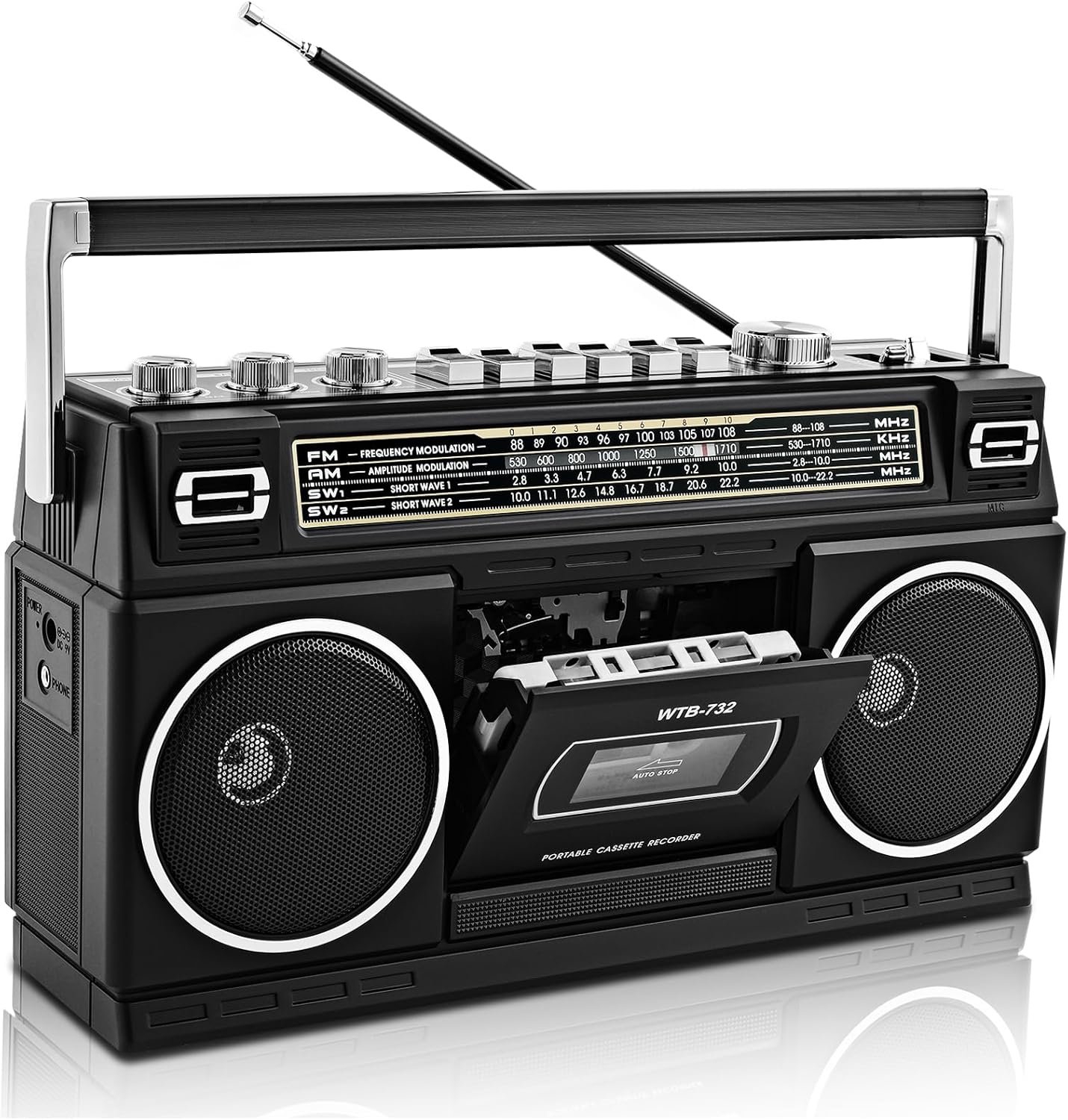 Retro Classic 80s Style Portable Boombox with Cassette Player Recorder, AM/FM/SW1/SW2 Radio, Bluetooth, USB/Micro SD Slots, Headphone Jack, 24W Dual Full-Range High Bass Speakers