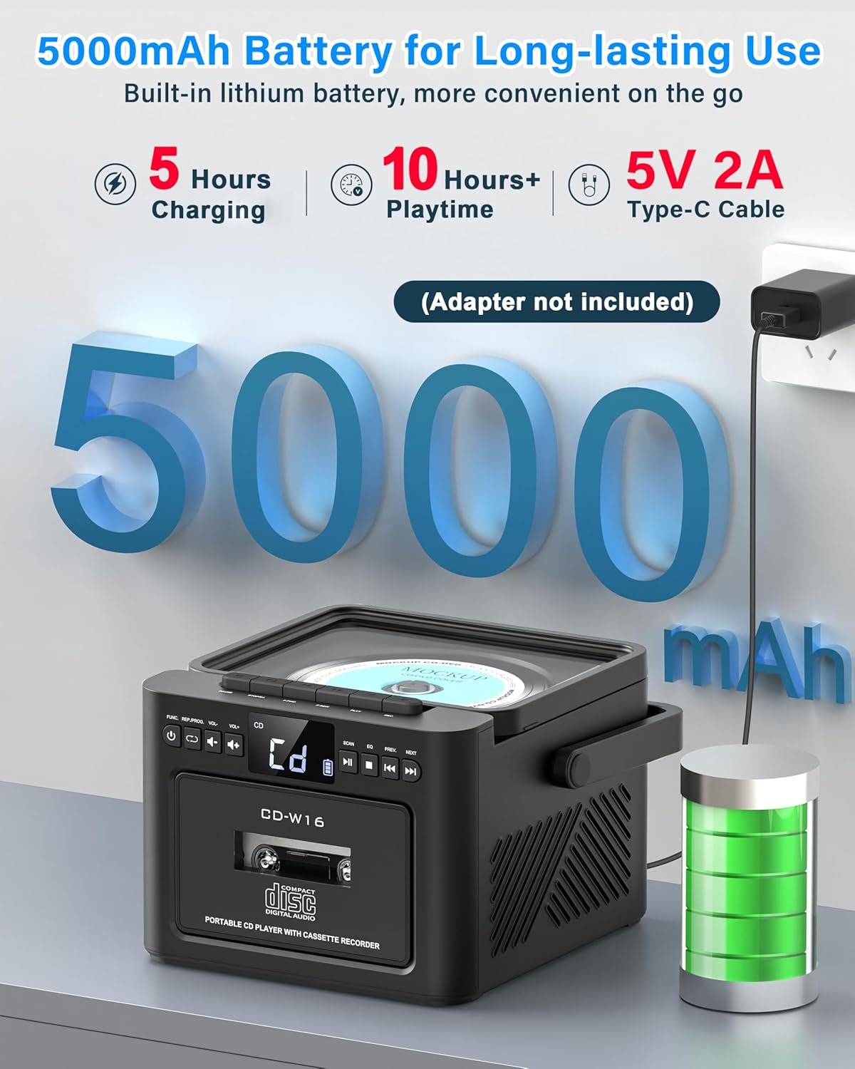 Greadio Boombox CD and Cassette Player Combo, 5000mAh Rechargable CD Player Boombox with Bluetooth Receive/Transmit/FM Radio/USB/TF/AUX/Remote Control, Boom Box Cassette Player for Home Outdoor - Image 3