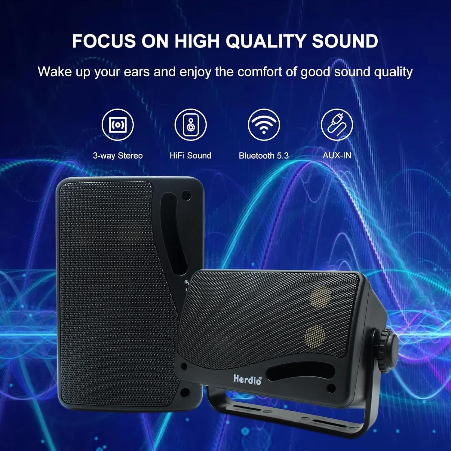 Herdio 3.5" Outdoor Bluetooth Speakers Wired Waterproof, 200W 3 Way Upgrade Premium Wall Mount Speakers, Durable Mountable Loud Sound System for Patio Indoor Deck Garage (Black Pair) - Image 2