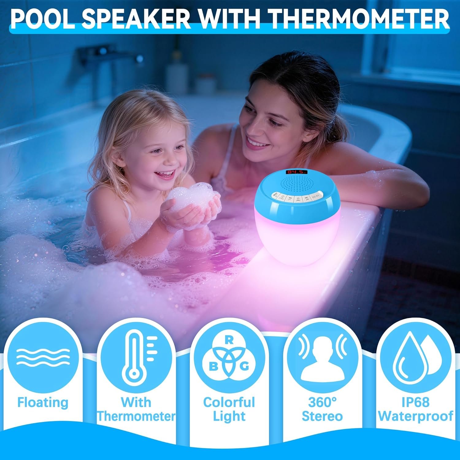 FluSing 3 in 1 Floating Pool Speaker with Digital Thermometer,Bluetooth Pool Speaker with Colorful Lights,TWS Floating Bluetooth Speaker for Pool IP68 Waterproof,Loud Sound Hot Tub Speakers-Light Blue - Image 7