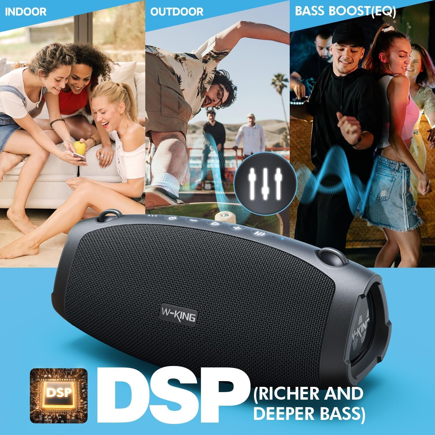 W-KING Bluetooth Speaker, 120W Max Loud Portable Speakers Bluetooth Wireless Boombox, IPX6 Waterproof Party Large Outdoor Speaker, 70W Triple Passive Radiators- Deep Bass/Subwoofer*2, 42H, TF, AUX, EQ - Image 3