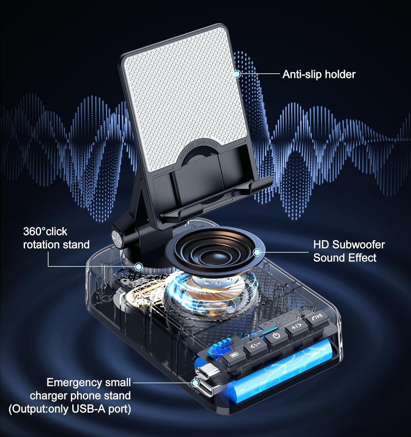 Gifts for Men Women, Phone Stand with Bluetooth Speaker and Charging Function 360° Rotable Angle Adjustable Cell Phone Holder with HD Stereo Sound Fits All Phones,Tablet (Black) - Image 3