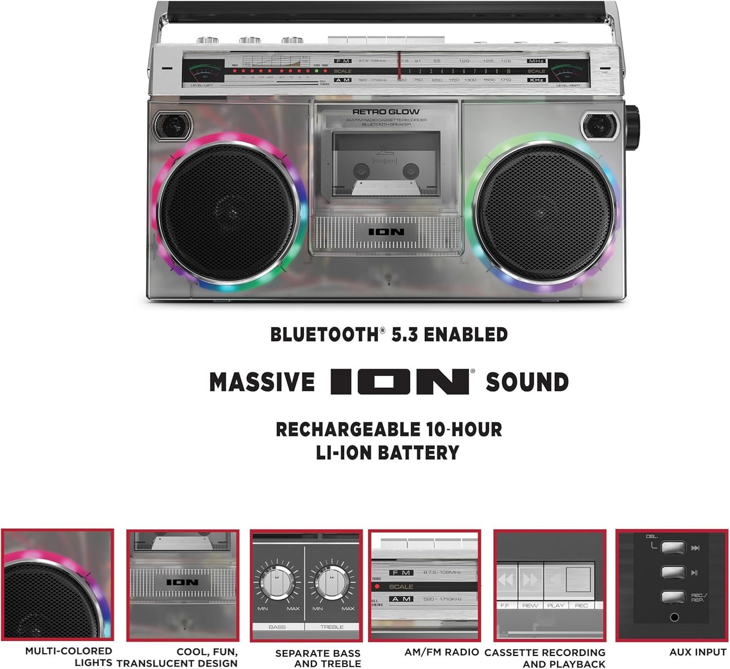 ION Audio Retro Glow Boombox - Deluxe Stereo AM/FM Radio Cassette Dual Speakers Full-Range Bass and Bluetooth (Renewed) - Image 6