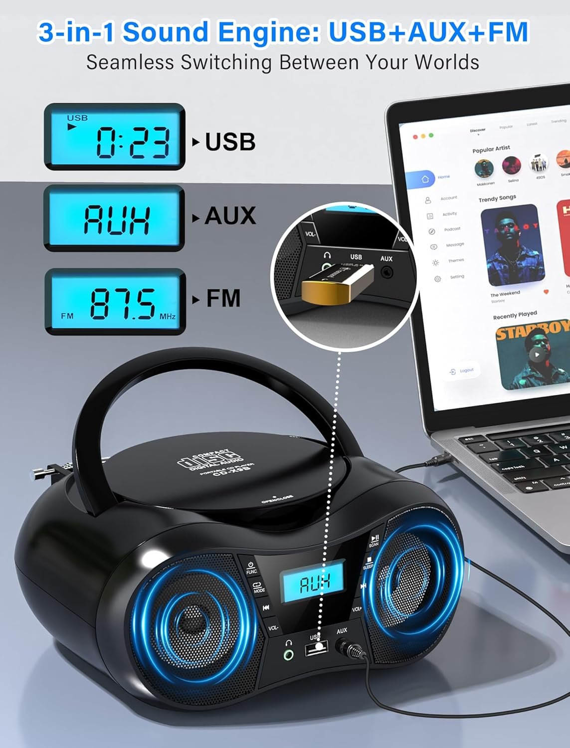 Greadio Boombox Portable CD Players for Home with Bluetooth, Boom Box CD Player FM Radio Combo, Stereo Sound, AC/Battery Powered, CD/CD-R/RW Compatible, Support AUX/USB/Headphone, Timer, Repeatable - Image 7