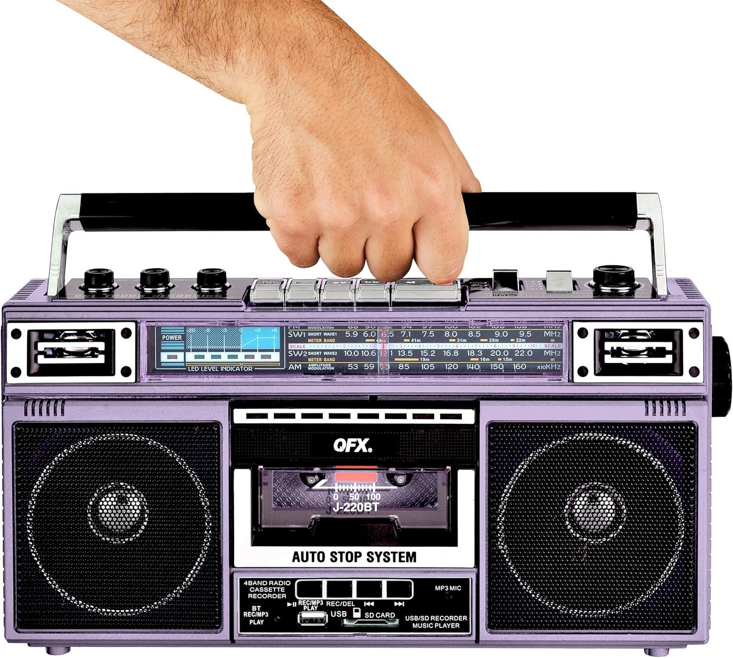 QFX J-220BT Purple Boombox MP3 Conversion from Radio to Cassette with 4-Band (AM, FM, SW1, SW2) Radio with Bluetooth, Dual 3” Speakers, Built-in Microphone, Recorder, and a 3-Band Equalizer - Image 3
