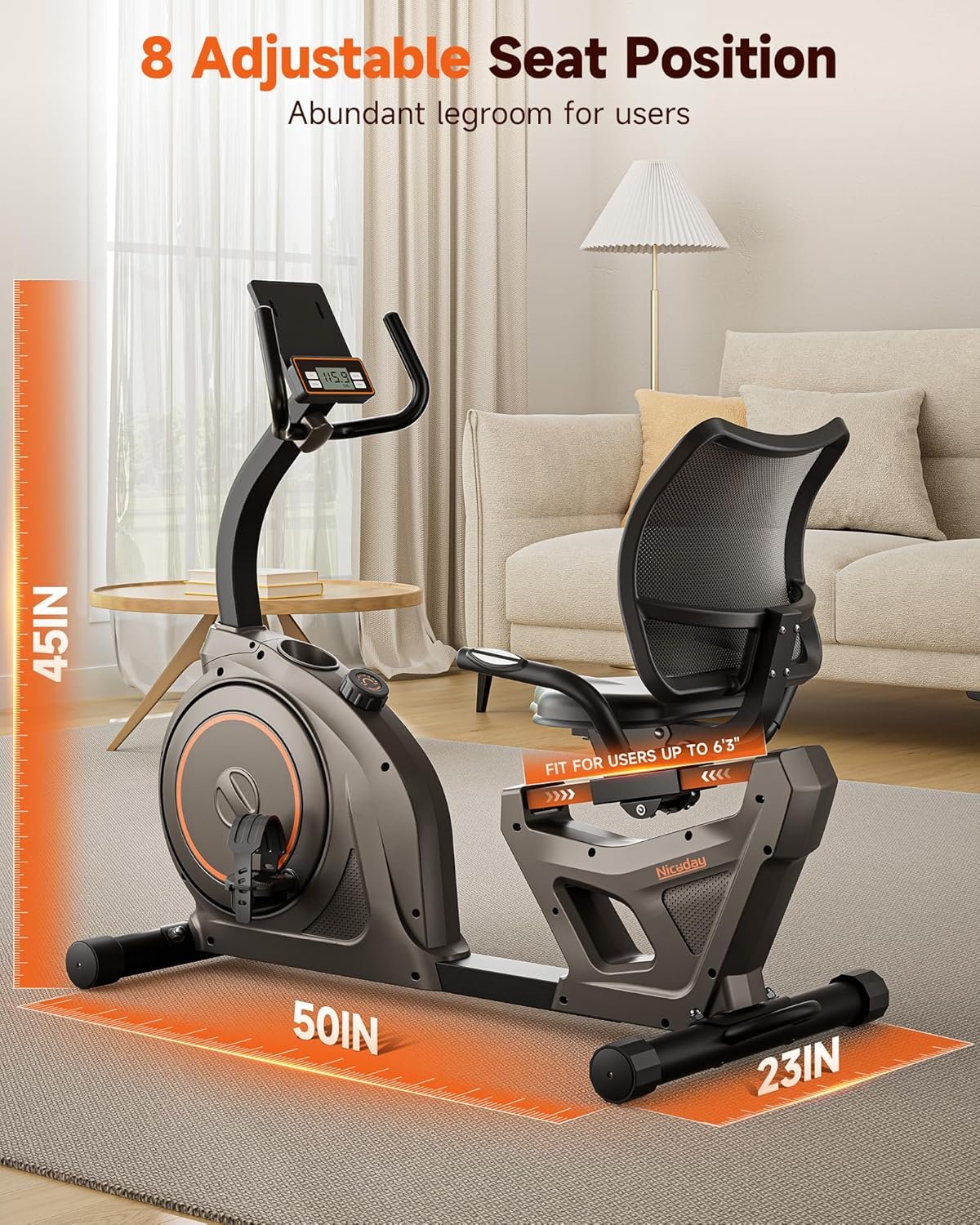 Niceday Recumbent Exercise Bike, Indoor Recumbent Exercise Bike for Home with 400LBS Capacity, High-end Stationary Bike with Smart Bluetooth - Image 7
